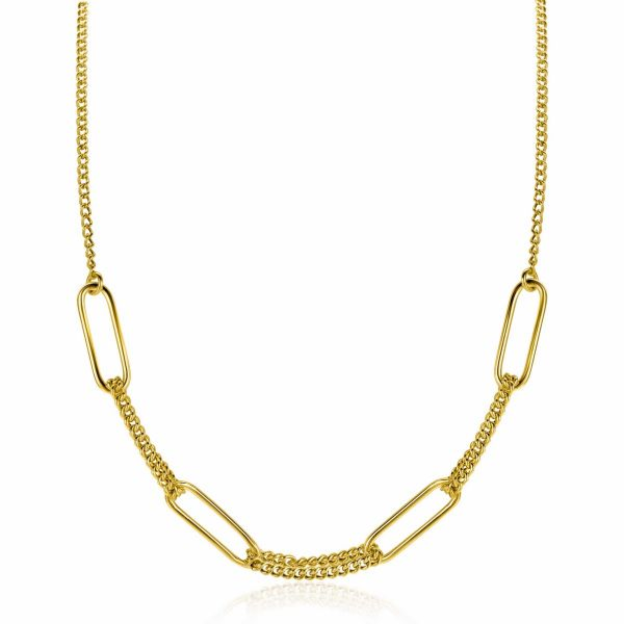 ZINZI gold plated zilveren ketting 45cm met vier grote ovale schakels en gourmet schakels ZIC2382