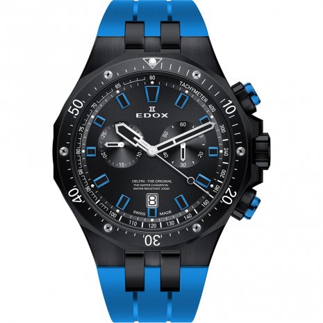 De Edox Delfin Chronograph 10109 37NBUCA NIBU is een bijzonder stijlvolle Swiss Made quartz chronograaf. Onder de motorkap treft u het Edox Cal. 101 uurwerk, welke gebaseerd is op de Ronda 5021.D. Dit is een goed en betrouwbaar Zwitsers uurwerk. Het horloge ziet er erg mooi en stoer uit, maar is ook van alle gemakken voorzien: saffierglas (met een AR coating), een sterke zwarte PVD coating, een zeer comfortabele rubberen band, maar ook 200 meter waterdichtheid. 