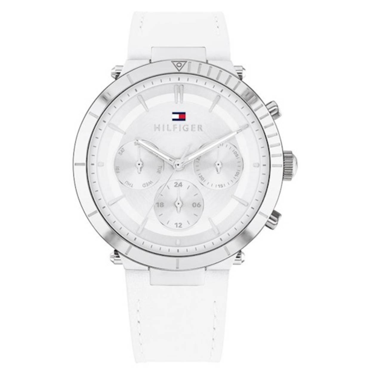 Dit horloge komt uit de Emery collectie.

Dit model van Tommy Hilfiger heeft een quartz uurwerk en een zilverkleurige wijzerplaat. In combinatie met de witte leren band wordt dit horloge heel sportief.
Het horloge is 5 atm waterdicht (regen en spatwaterdicht).