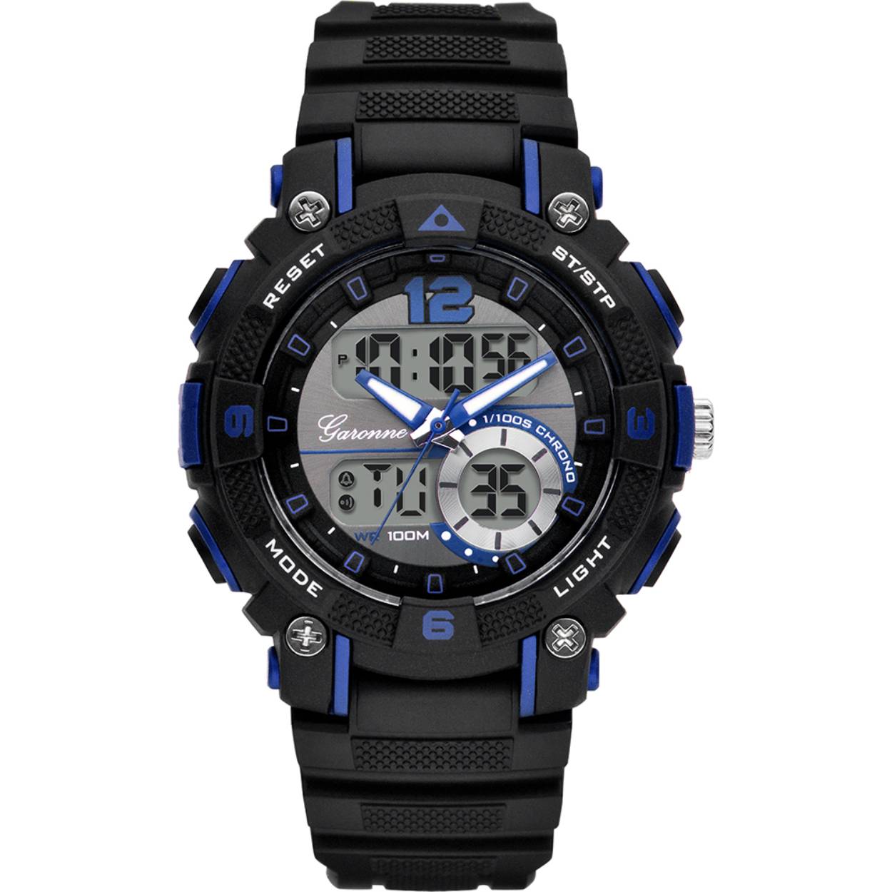 Dit is een horloge van het merk Garonne gemaakt voor jongens.
De specificaties zijn als volgt:
Kastmaat: 38 mm
Kastdikte: 15,2 mm
Bandlengte: 177
Bandbreedte: 16
Waterdichtheid: 10 ATM / 100 Meter / 330 Feet
Dit horloge heeft de volgende functies/eigenschappen:
Datumaanduiding
Dagaanduiding
Alarm
Stopwatch