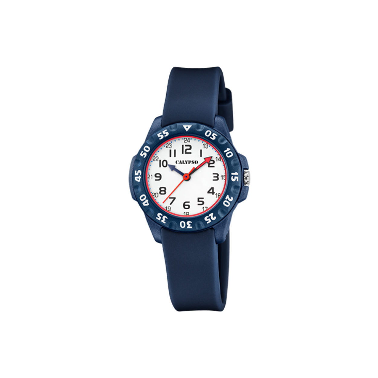 Een stoer kinderhorloge waarmee ze nooit meer te laat komen! Kunststof kast met een rubber band en aangeduid met arabische cijfers. Tot wel 10 ATM waterdicht.