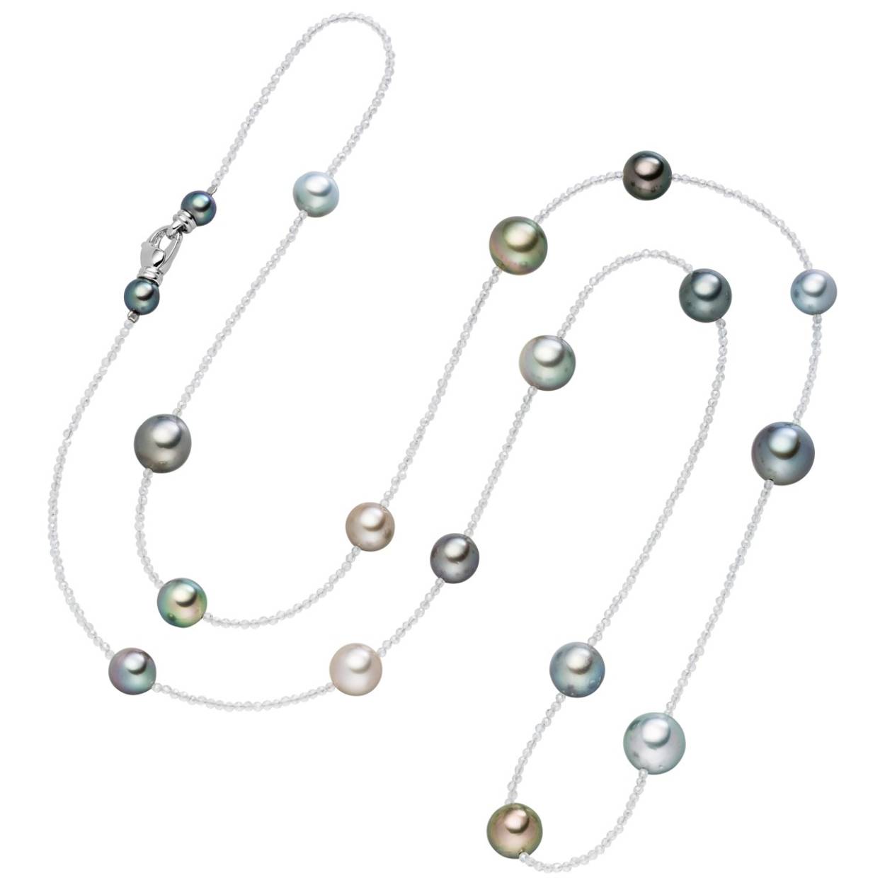 Collier met Tahiti en Akoyaparels, en bergkristal
90cm lang