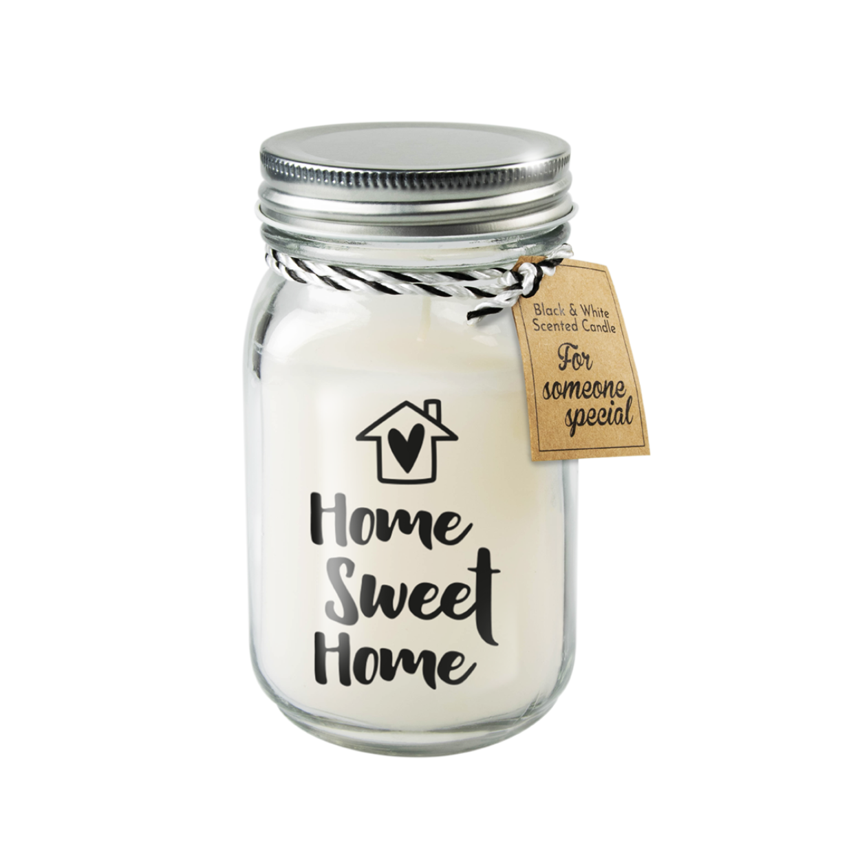 Deze black and white scented candle met tekst Home sweet home is verkrijgbaar in een mooie glazen pot, bevat 340 gram kaarsvet en heeft hierdoor ongeveer 80 branduren.