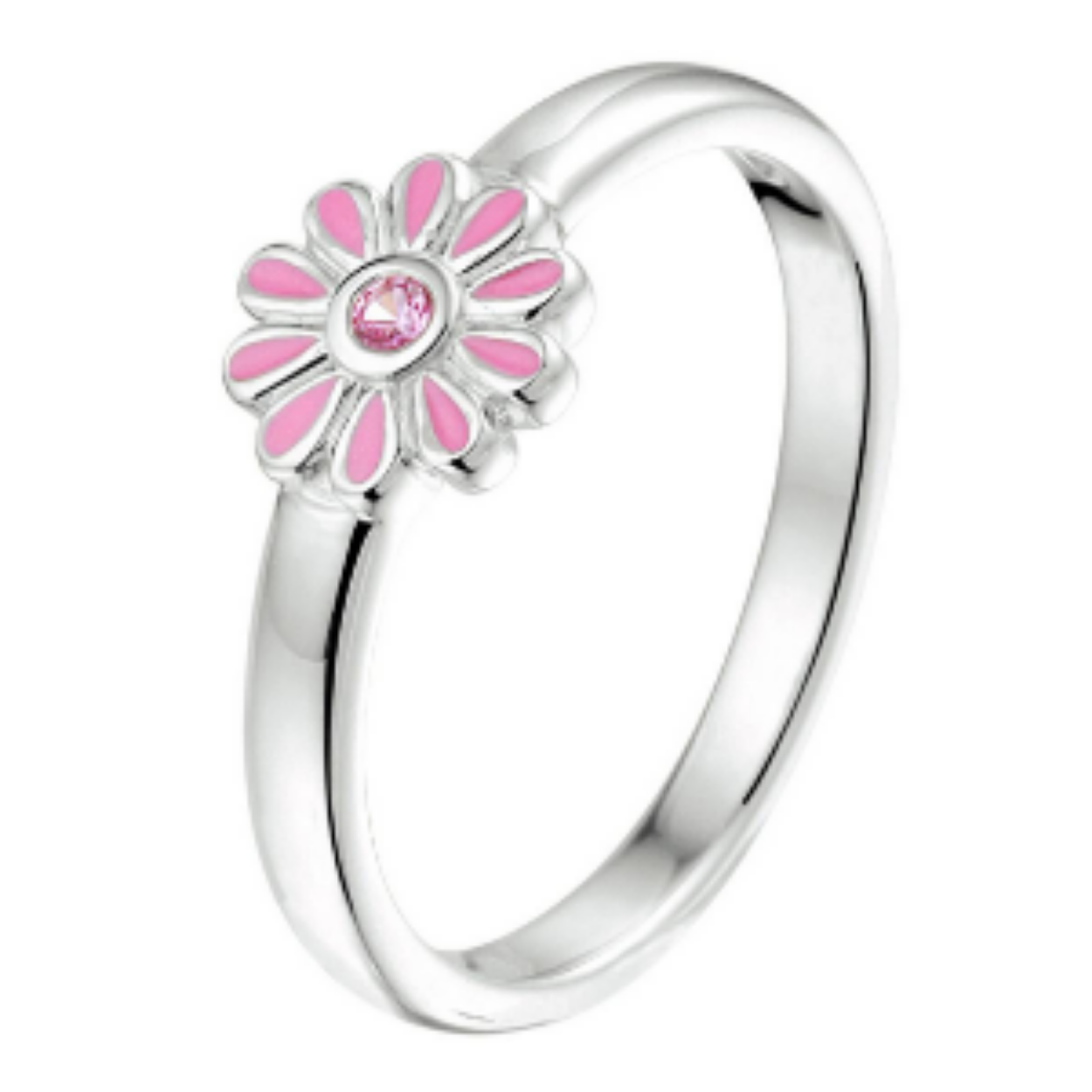 Gerhodineerd 925 zilveren ring uitgevoerd met een bloem met daarin een schitterende roze zirkonia. De ring heeft een breedte van 6.5mm.