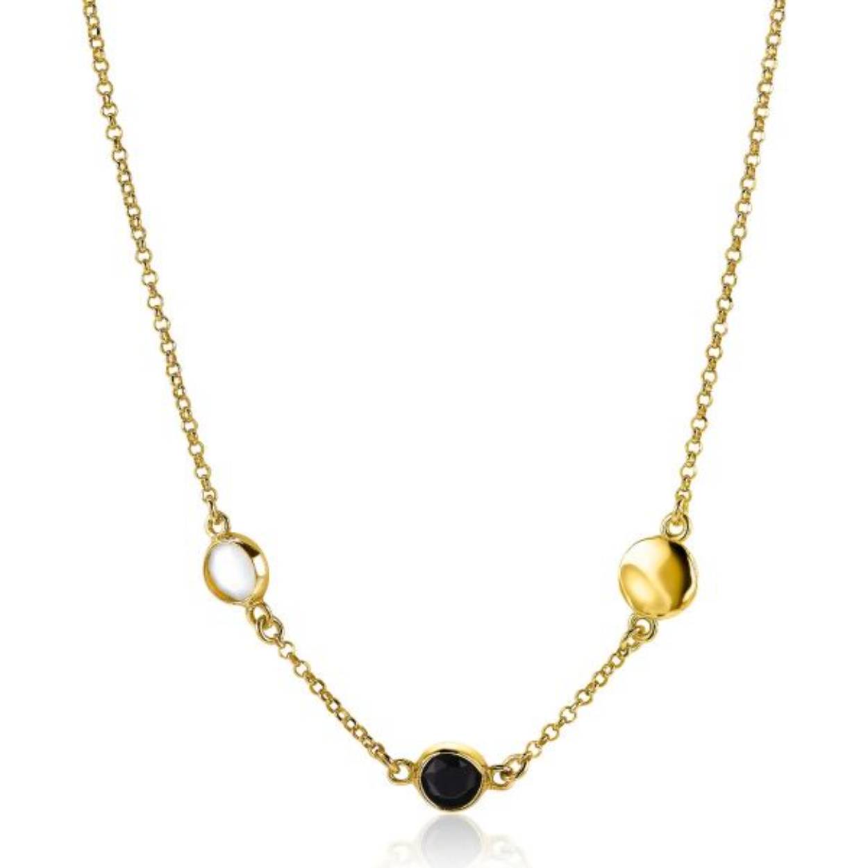 ZINZI zilveren fantasie ketting 14K geel verguld met ronde zettingen wit zwart. Lengte 42-45cm. Vervaardigd van eerste gehalte zilver (925) en extra 14K geel verguld.