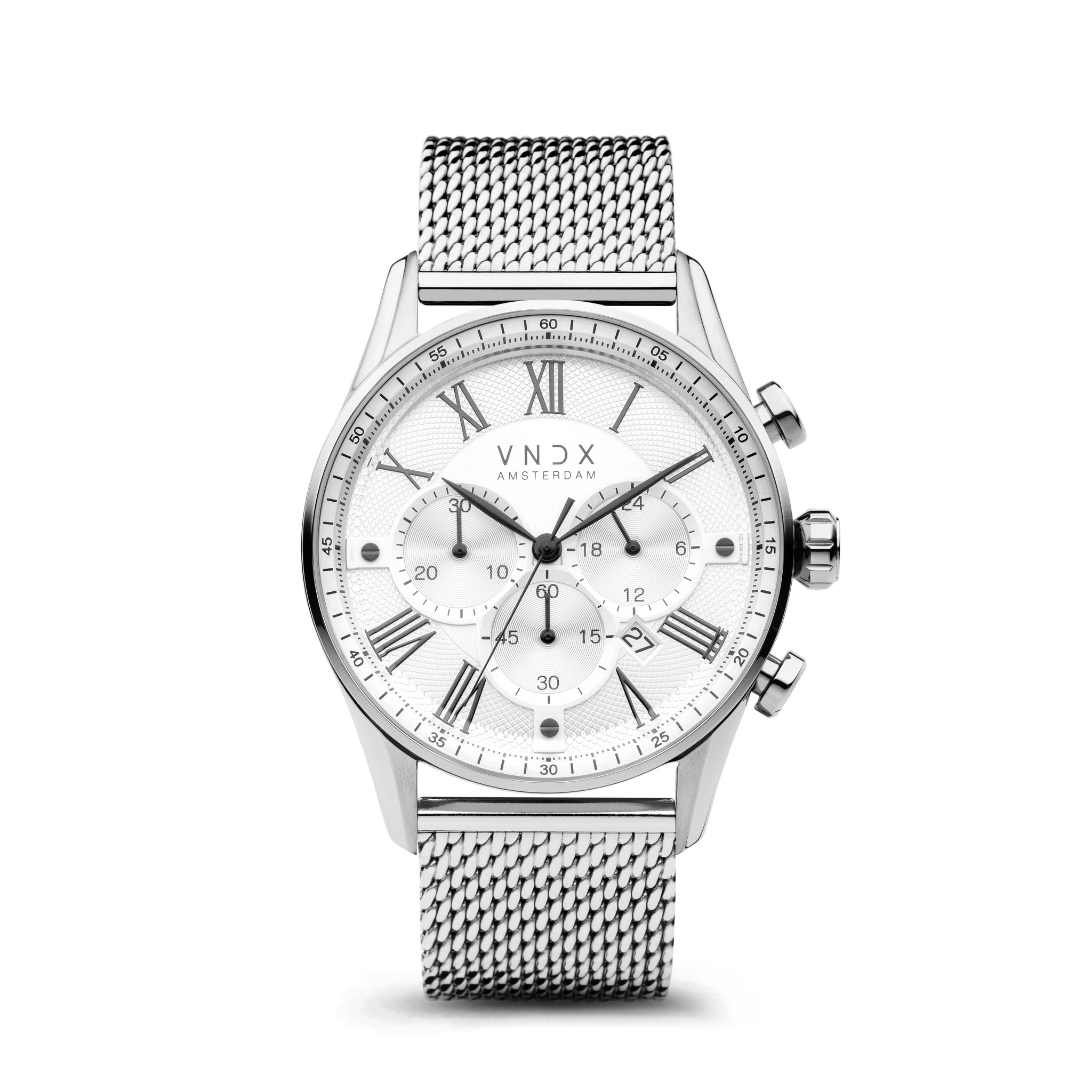 The Chief Wit, een stijlvol en tijdloos horloge voor iedere gelegenheid. De solide stalen kast is tot in de details gevuld met de wijzerplaat. Met zijn diameter van 45 mm is deze ‘Chief’ voorzien van verschillende functies. Aangedreven door een krachtige chronograaf.

 De gevarieerde witte wijzerplaat is voorzien van een stopwatch, een datum aanduiding en een 24-uurs klok. Zo is The Chief net als zijn naam een allrounder. Door zijn tijdloze Romeinse index, straalt de klasse ervan af.

 De massief stalen mesh band sluit zich perfect aan op de pols, door zijn verschuifbare sluiting is The Chief eenvoudig op maat te maken. Zo neem jij samen met The Chief de controle over je leven.

Specificaties
Diameter Kast: 45 mm
Materiaal: Staal
Breedte Band: 22 mm
Polsomtrek: 160 - 220 mm
Functies: Datumaanduiding & Stopwatch
Waterdichtheid: 10 ATM
Type Glas: Mineraalglas