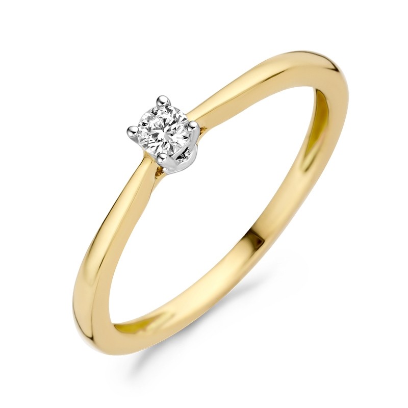 Prachtige geelgouden solitair ring met 0,10 ct briljant in een witgouden chatonzetting. Maat 56.