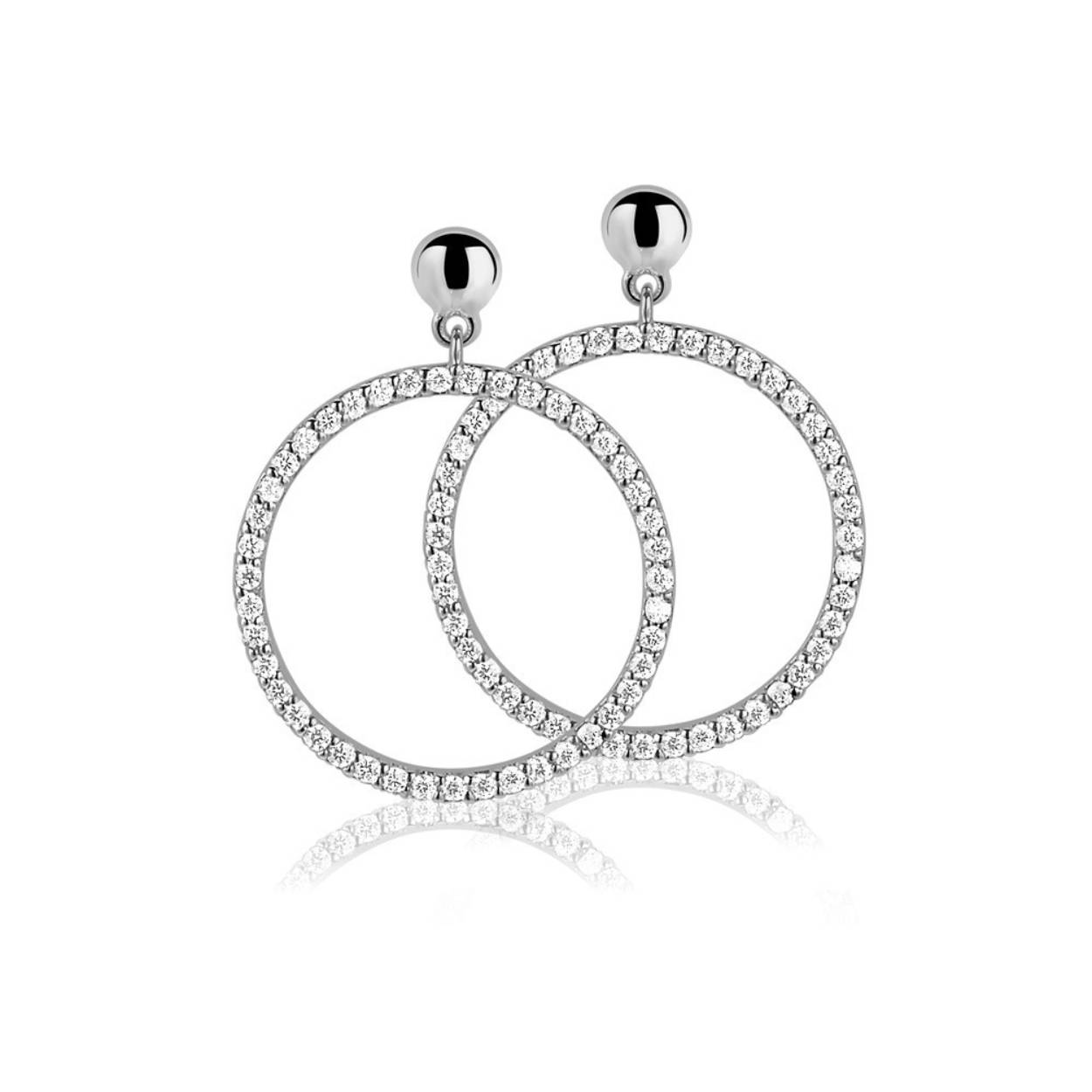 ZINZI zilveren ronde oorhangers. Vol bezet met witte zirconia's. Een schitterende XL beauty. Pure glamour.Vervaardigd van eerste gehalte zilver (925) en met extra rodiumlaag voor een langdurige glans. 