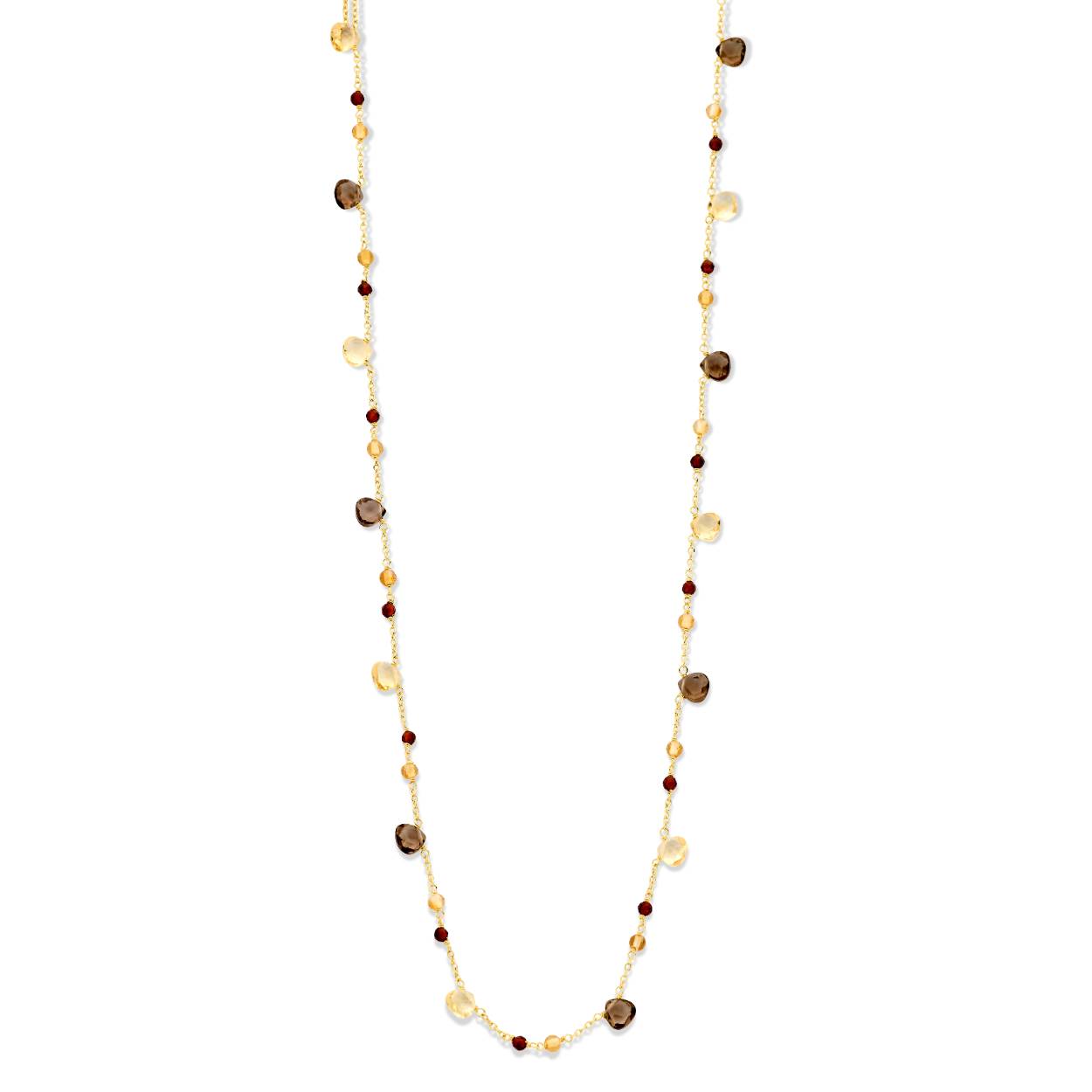 Geel gouden collier van 18KT met druppelvormige rookkwartz, citrine en graniet