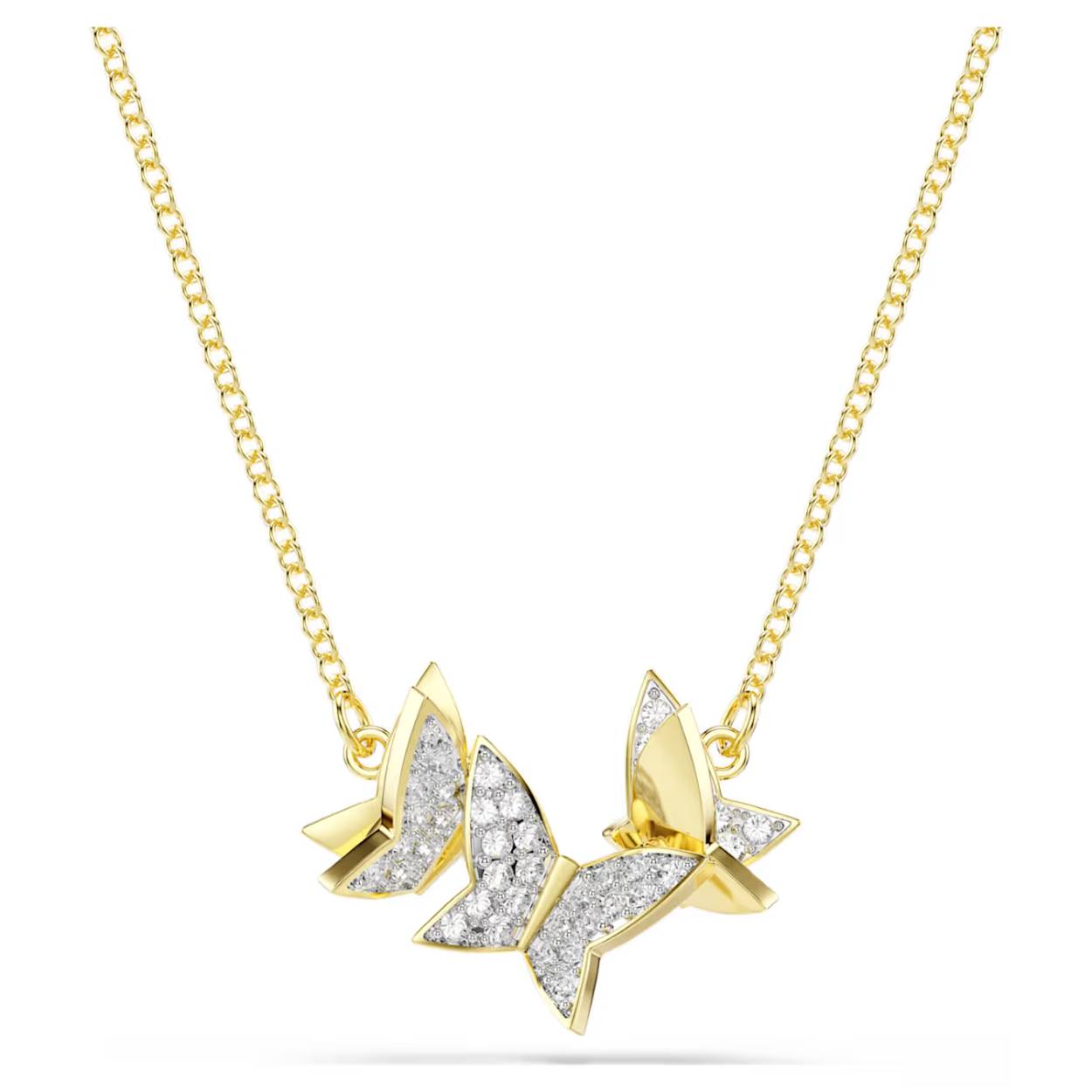 Deze verfijnde ketting is een elegante keuze voor elke dag en wordt gegarandeerd uw nieuwe favoriet. Het sieraad is voorzien van vlindermotieven in glinsterende pavé aan een ketting met goudkleurige toplaag. De perfecte aanvulling op witte T-Shirts, truien van kasjmier, denim of avondkleding: de mogelijkheden zijn eindeloos.
