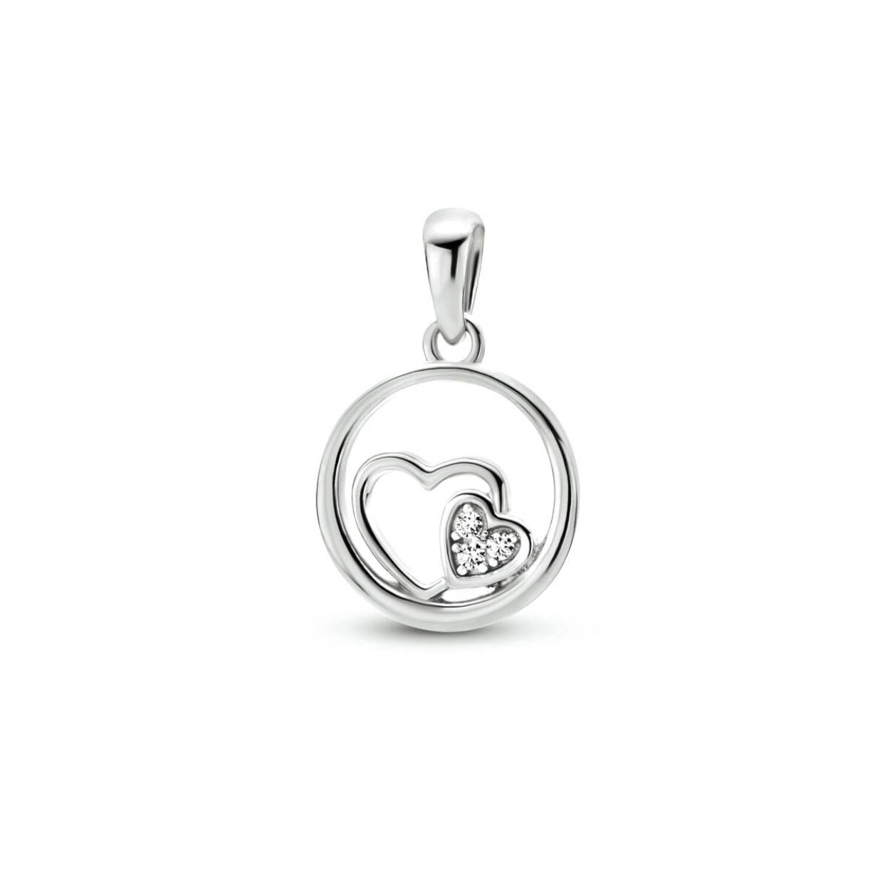 Gerhodineerd 925 zilveren hanger uitgevoerd met twee hartjes en een schitterend zirkonia vlak. De hanger heeft een totale hoogte van 1.8cm en een diameter van 12mm.