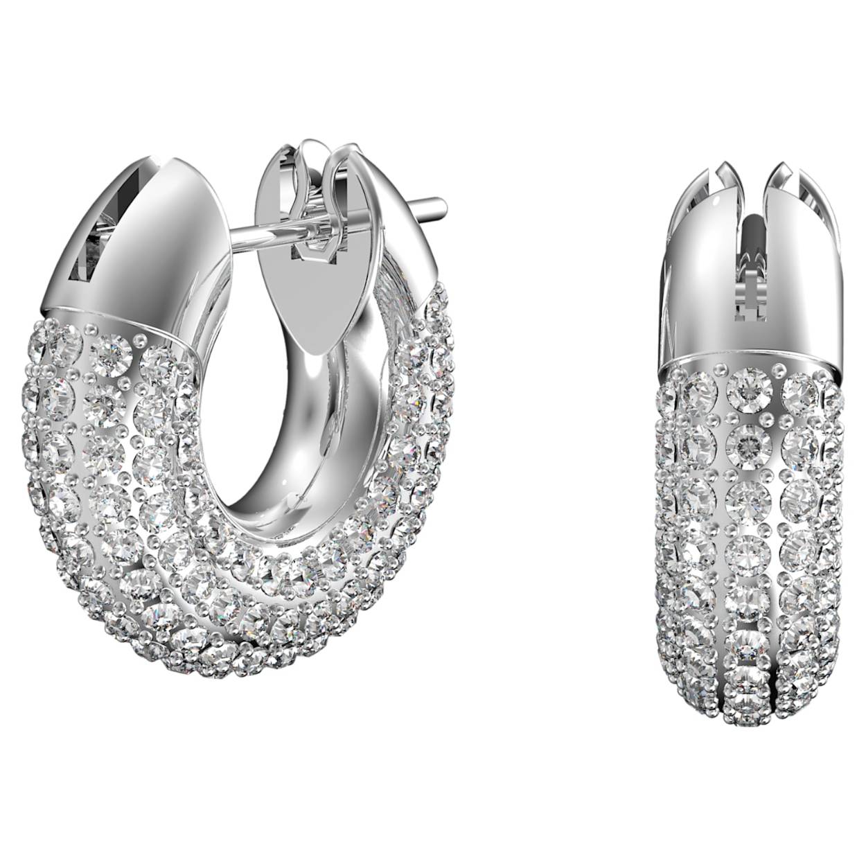 Een moderne twist van klassieke oorringen; deze neutrale set geeft een dynamische touch aan elke outfit. Het sculpturale design is een eerbetoon aan de iconische pavétechniek van Swarovski met glinsterende, gefolieerde kristallen in een frame met rodium toplaag. Draag deze statement oorbellen niet alleen overdag, maar ook 's avonds en 's nachts. Deze oorbellen maken onderdeel uit van de Dextera-lijn en zijn ontworpen door Creative Director Giovanna Engelbert voor Collection II.
