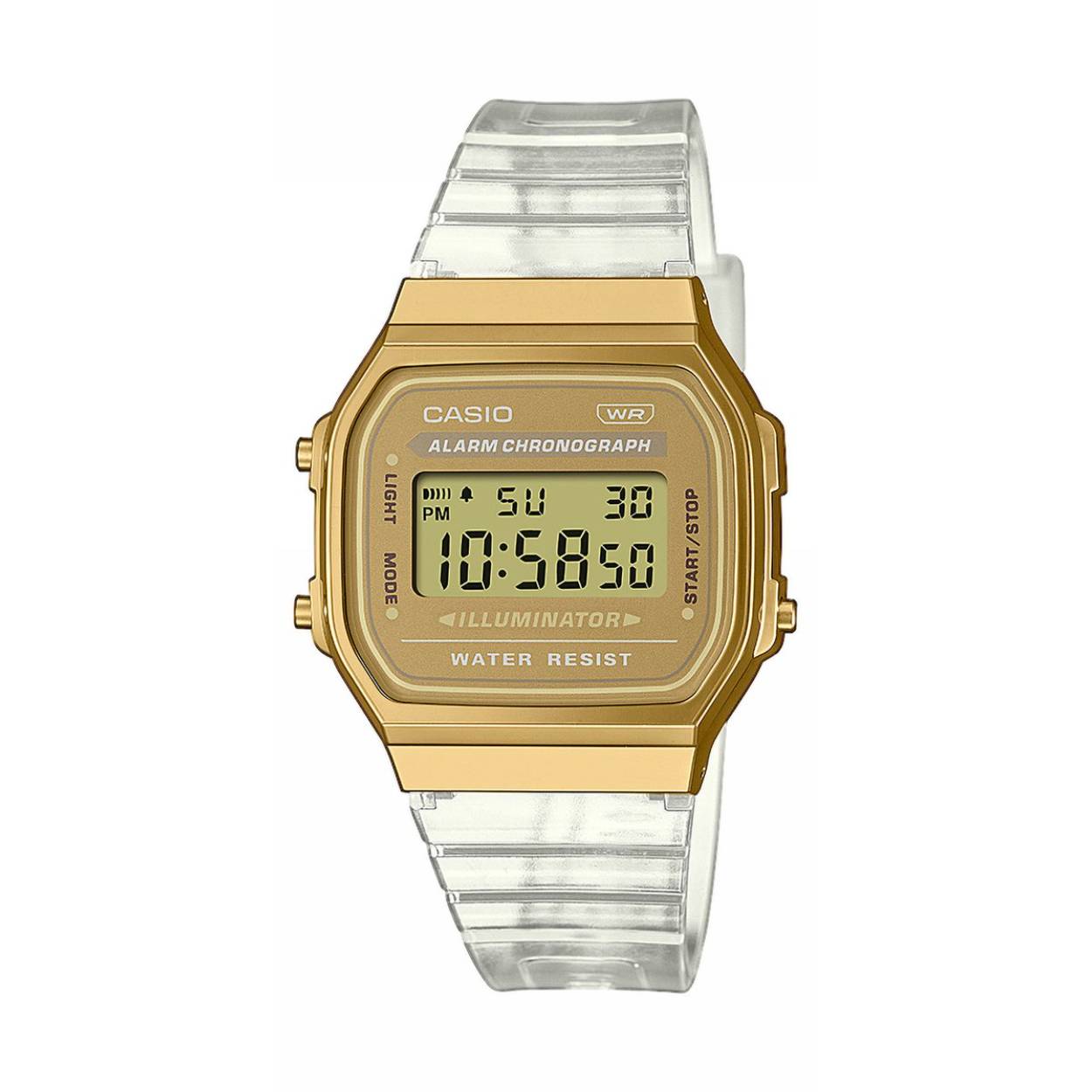 Dit horloge van Casio heeft een transparante band gemaakt van kunststof. De wijzerplaat is zwart. Met dit horloge val je gegarandeerd op. De horlogekast is goudkleurig en gemaakt van kunststof. Het merk Casio staat voor kwaliteit, functionaliteit en technologische ontwikkelingen. Het horloge heeft een diameter van 36,3 mm en is voorzien van kunststofglas.