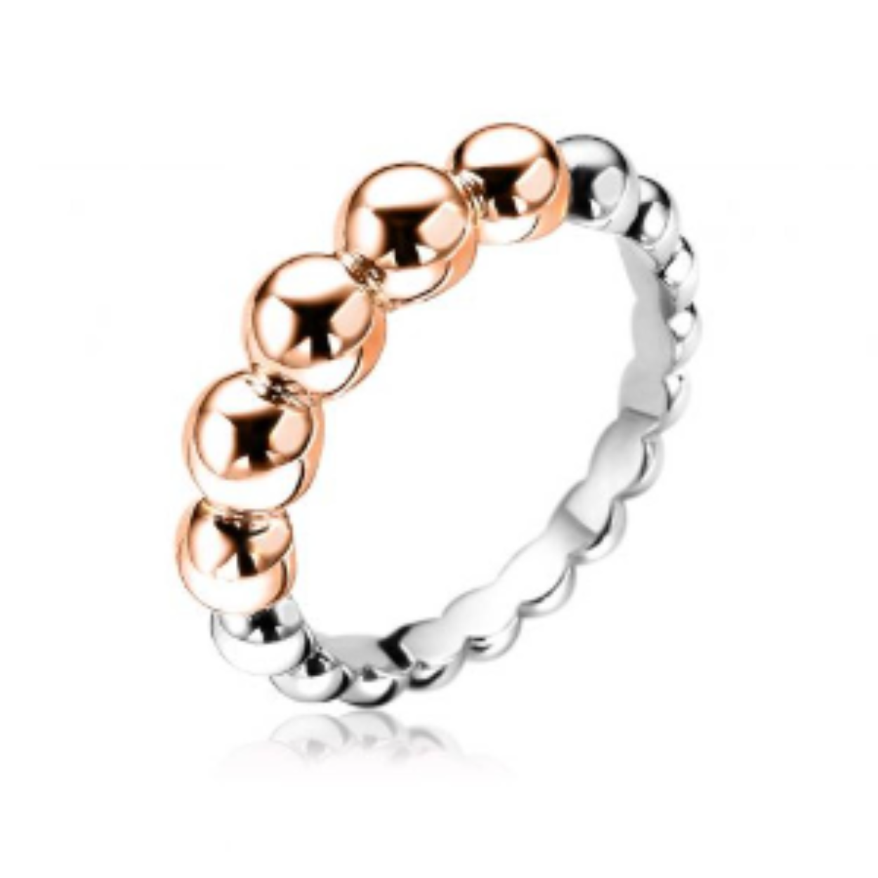 ZINZI zilveren ring met aflopende ronde bollen in rosé verguld. De ring is vervaardigd van eerste gehalte zilver (925) en voorzien van een extra roségoudkleurige laag op de bovenkant van de ring.

Afmeting  22 x 4,2 x 4,7 mm