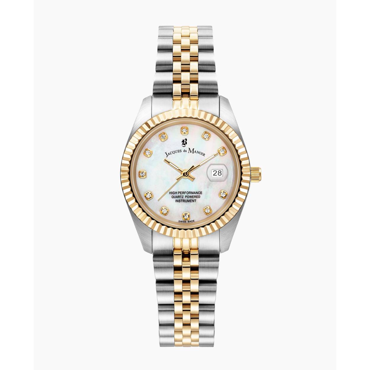 Dames Horloge met parelmoerkleurige wijzerplaat en bi-colour roestvrij stalen schakel band.