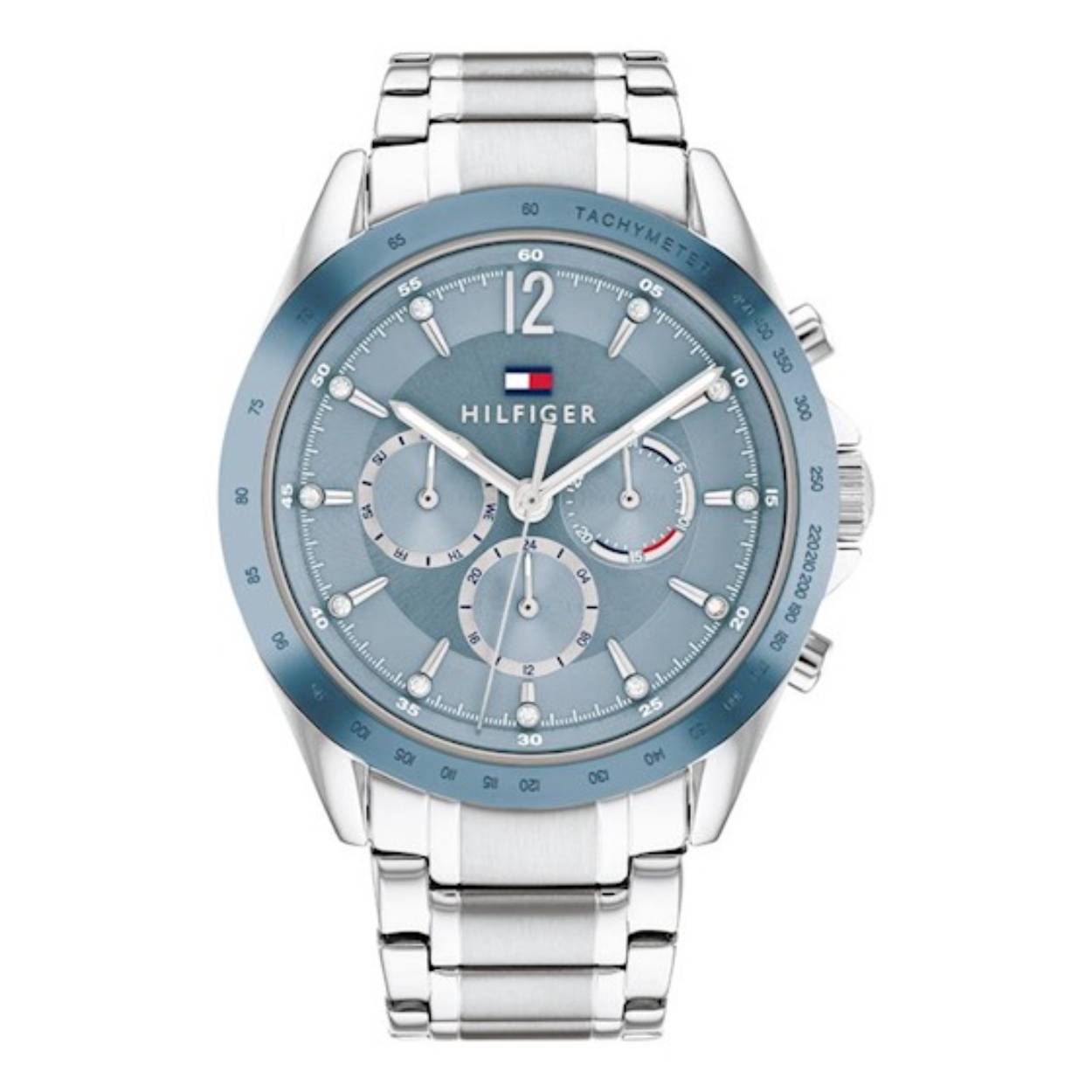 Dames Horloge met lichtblauwe wijzerplaat en zilverkleurige roestvrij stalen schakel band.