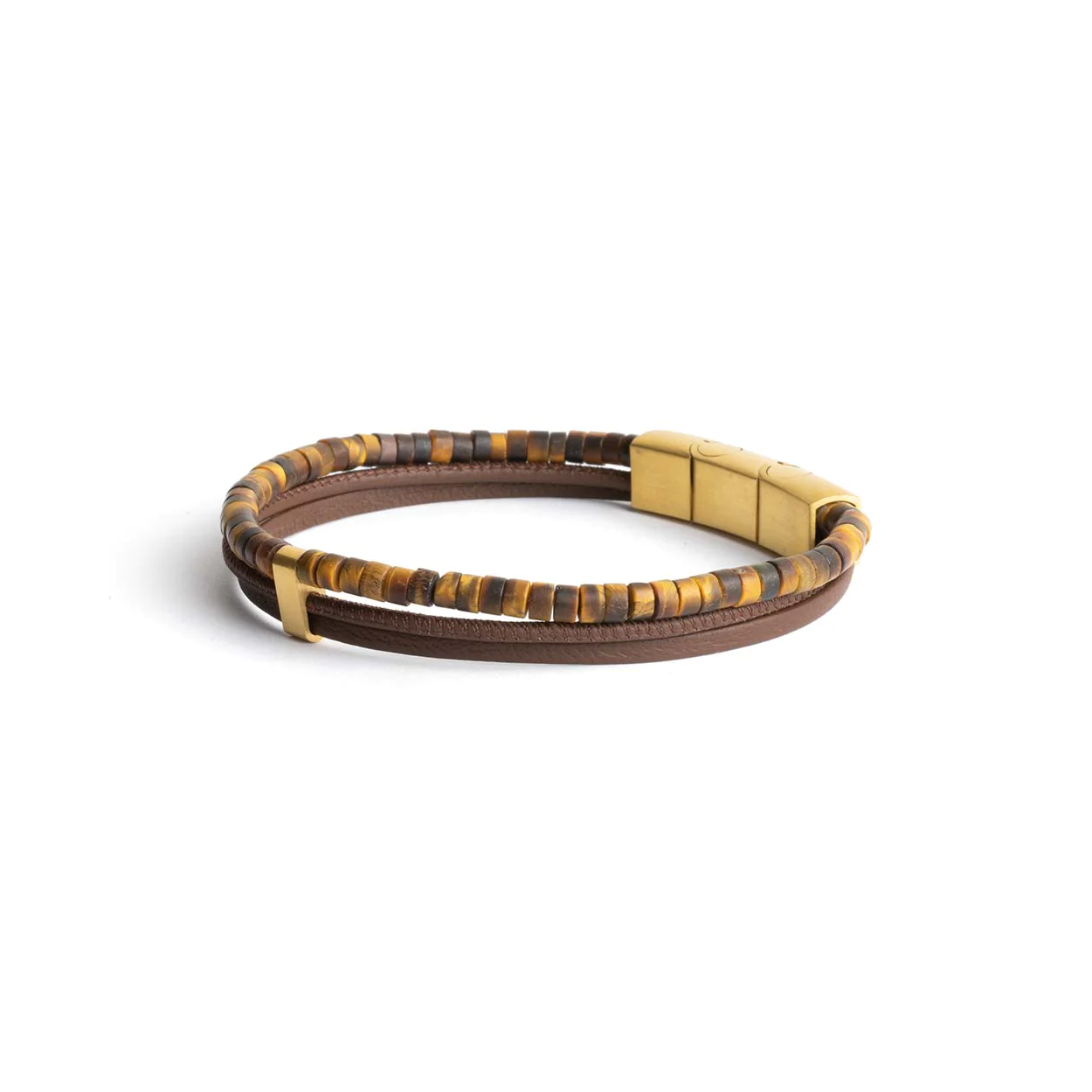 De Triplux Brown armband is gemaakt van echt Italiaans nappaleer en Tijgeroog stenen van 2mm. Hij krijgt een extra tussenstukje mee zodat je de armband met +-1 cm van maat kan veranderen.

Tijgeroog wordt ook wel 'de steen der Krijgers' genoemd. Het is een krachtige steen die je beschermt tegen negatieve invloeden. Hij zou je extra moed, kracht en doorzettingsvermogen geven.
