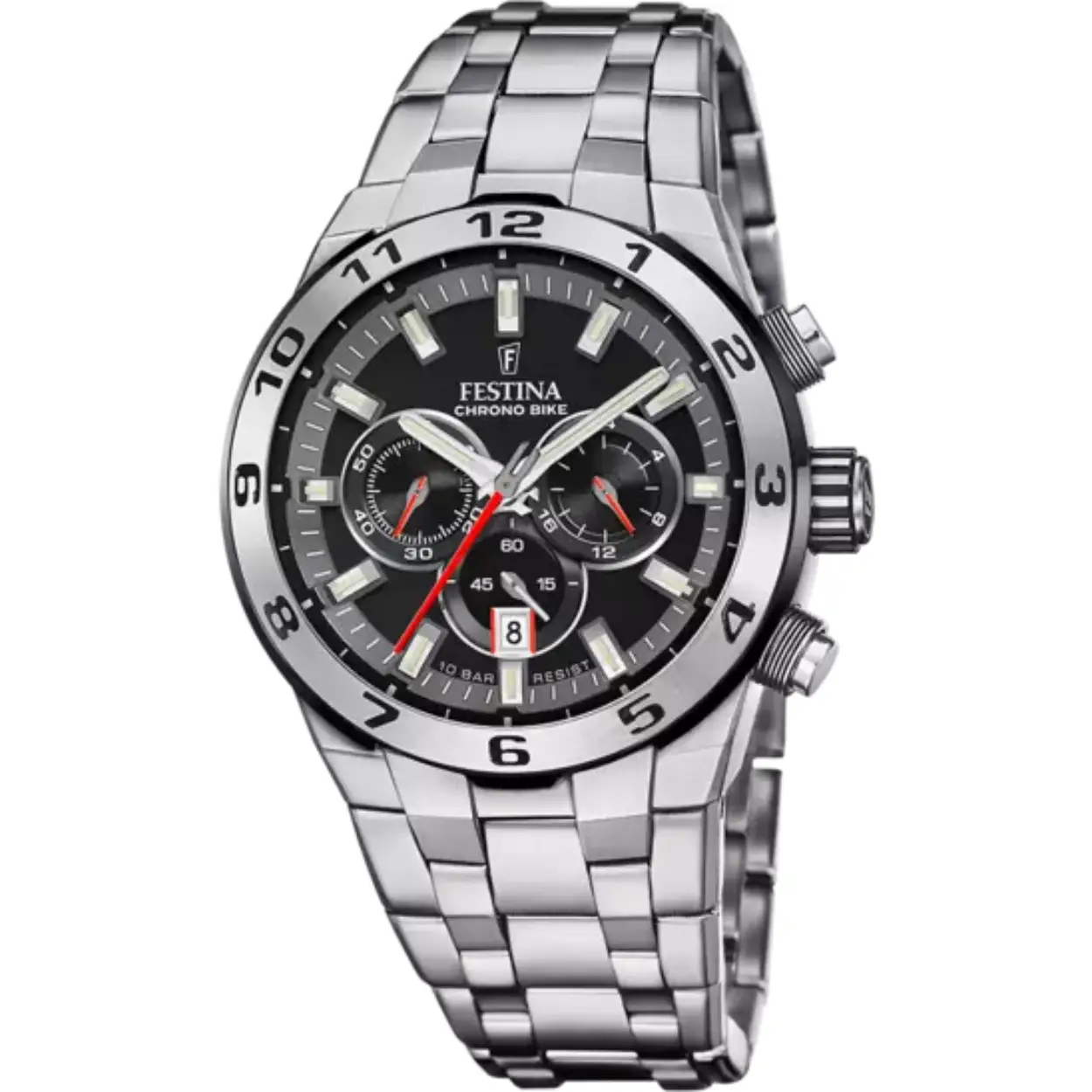 Herenuurwerk van Festina uit de 'Chrono Bike' collectie 2024
Zilverkleurige band en kast in edelstaal
Zwarte wijzerplaat multifunctie met datumaanduiding
Waterdichtheid: 10 ATM