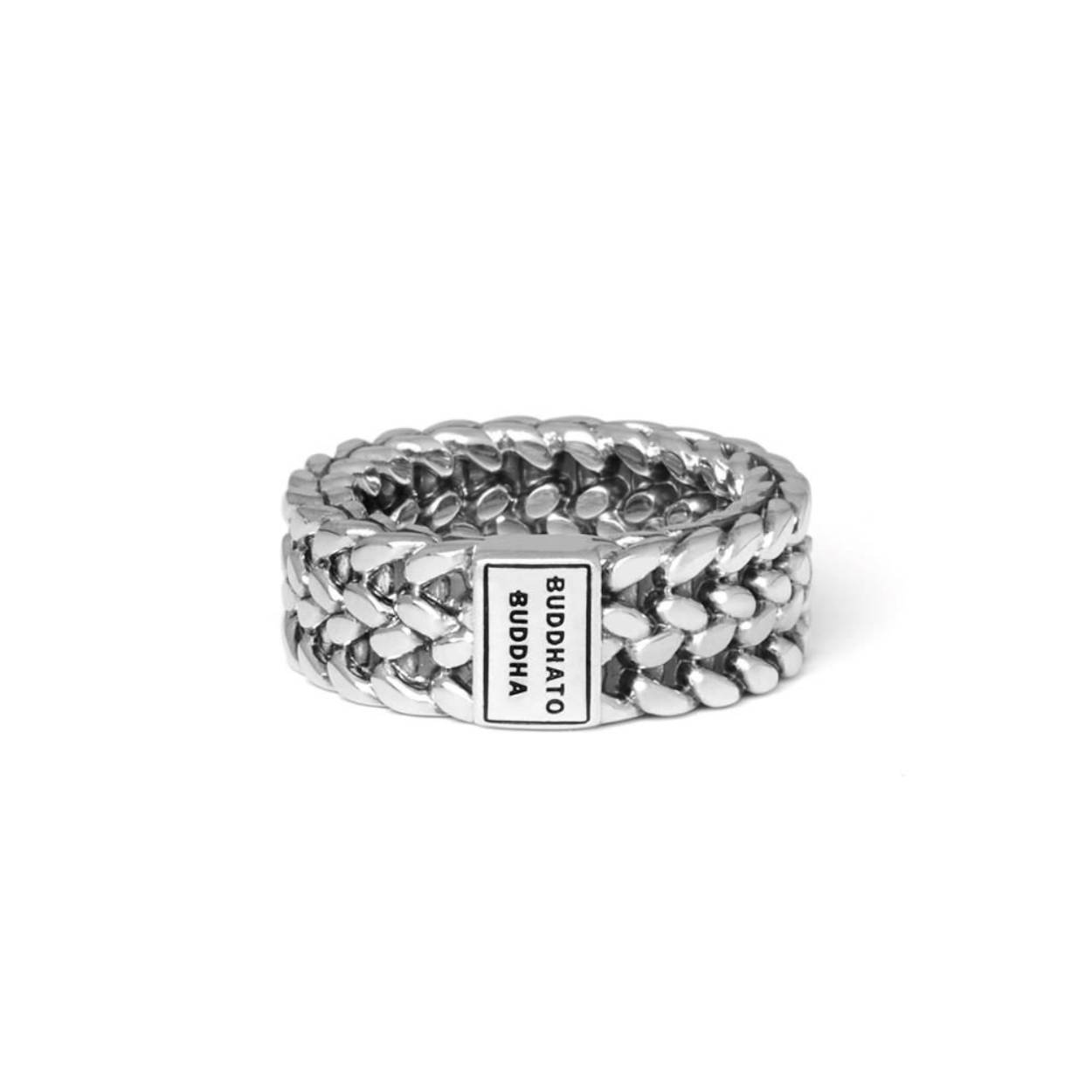 Buddha To Buddha 1e gehalte massief zilveren brede dubbel gourmet schakel ring met BTB logo erop. Model: 193- Julius maat 19
