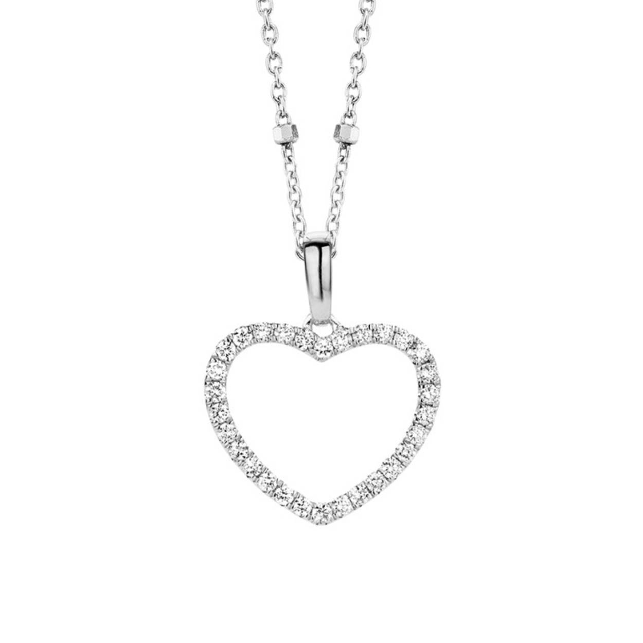 Wit gouden hanger (18 kt) in hartvorm (open hart) met briljant: 0,30 ct
Afmetingen: 17 mm x 14 mm
De prijs kan variëren naargelang de goudprijs