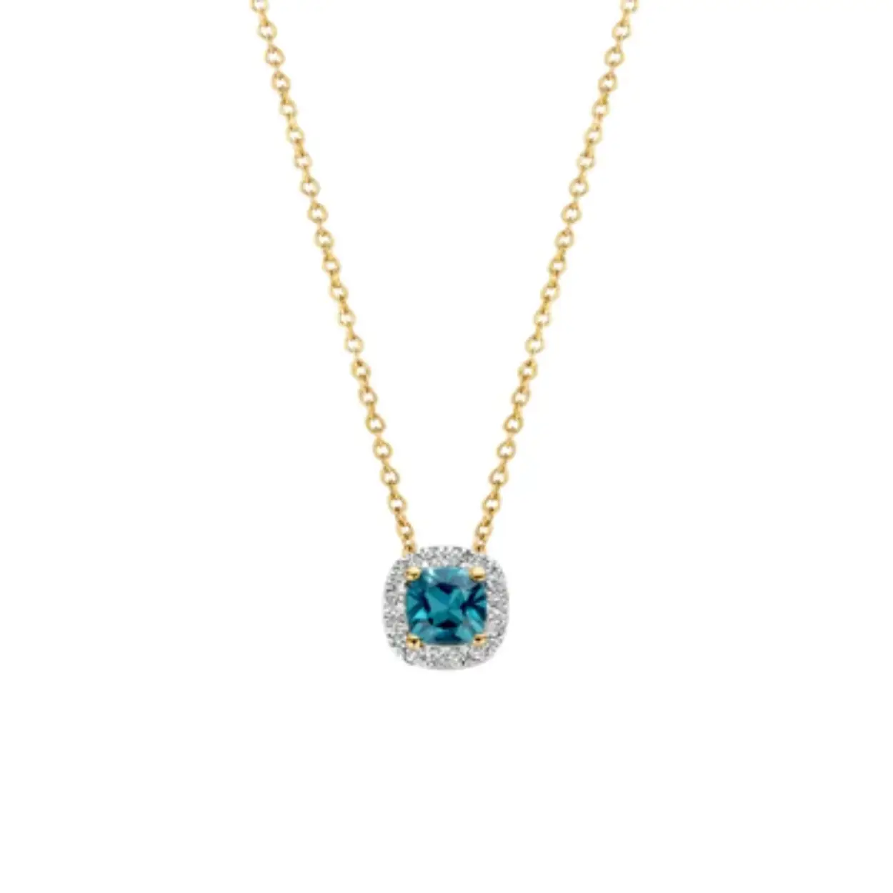 Dit prachtige collier is gemaakt van 14k wit en geelgoud met diamant en London blue topaz. Het heeft een elegante uitstraling en is perfect voor speciale gelegenheden. Draag het collier met een mooie avondjurk voor een chique look, of combineer het met een casual outfit voor een subtiel accent. Met dit collier steel je gegarandeerd de show!