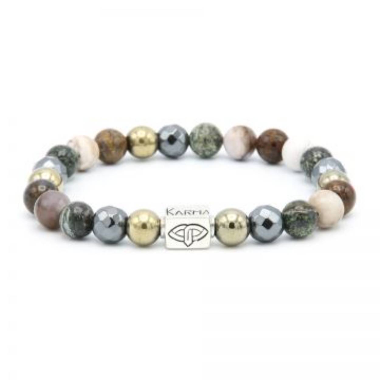 21cm | per armband | Dit is de Downfall Silver Logo Hexagon armband. Handgemaakte armbanden met natuursteen en sterling zilveren kralen. Alle stenen zijn 8MM. Naast een prachtig sieraad zijn KARMA armbanden ook een bron van energie. De Downfall Silver Logo Hexagon heeft 7 verschillende stenen: Hematiet in 3 verschillende kleuren, Groene Bre Jaspis, Zilver Agaat, Foto Jaspis en Pyriet. Ze geven je gezondheid, wilskracht, verleiding, potentieel, geluk en vertrouwen. Je kunt een perfecte combinatie maken met onze andere natuursteen armbanden.
