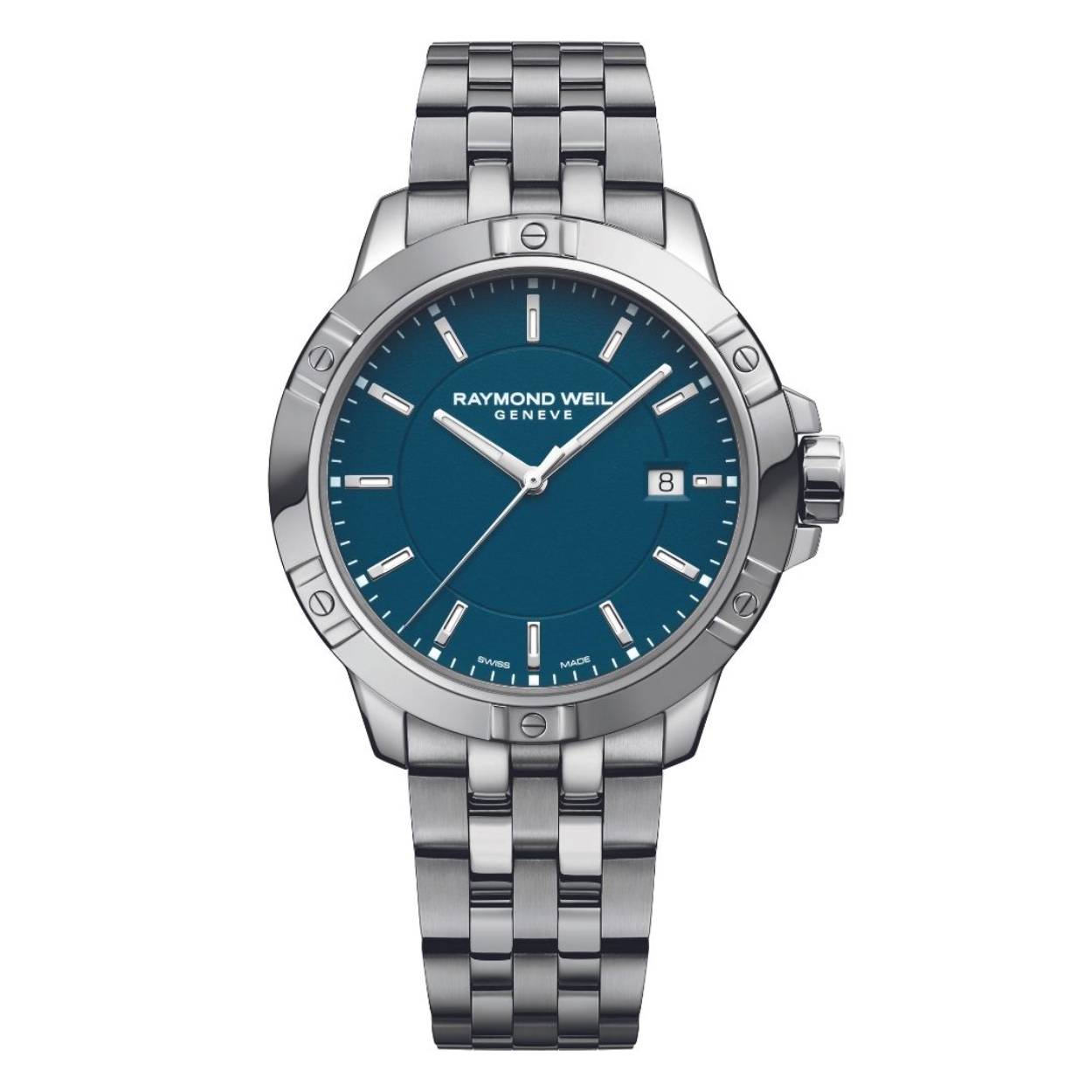 Raymond Weil Tango 8160-ST-50041 herenpols horloge edelstalen kast en edelstalen band met vouwsluiting. Kast 41 mm met Quartz uurwerk, schroefkroon ontspiegeld Saffier glas en 30 ATM waterdicht.