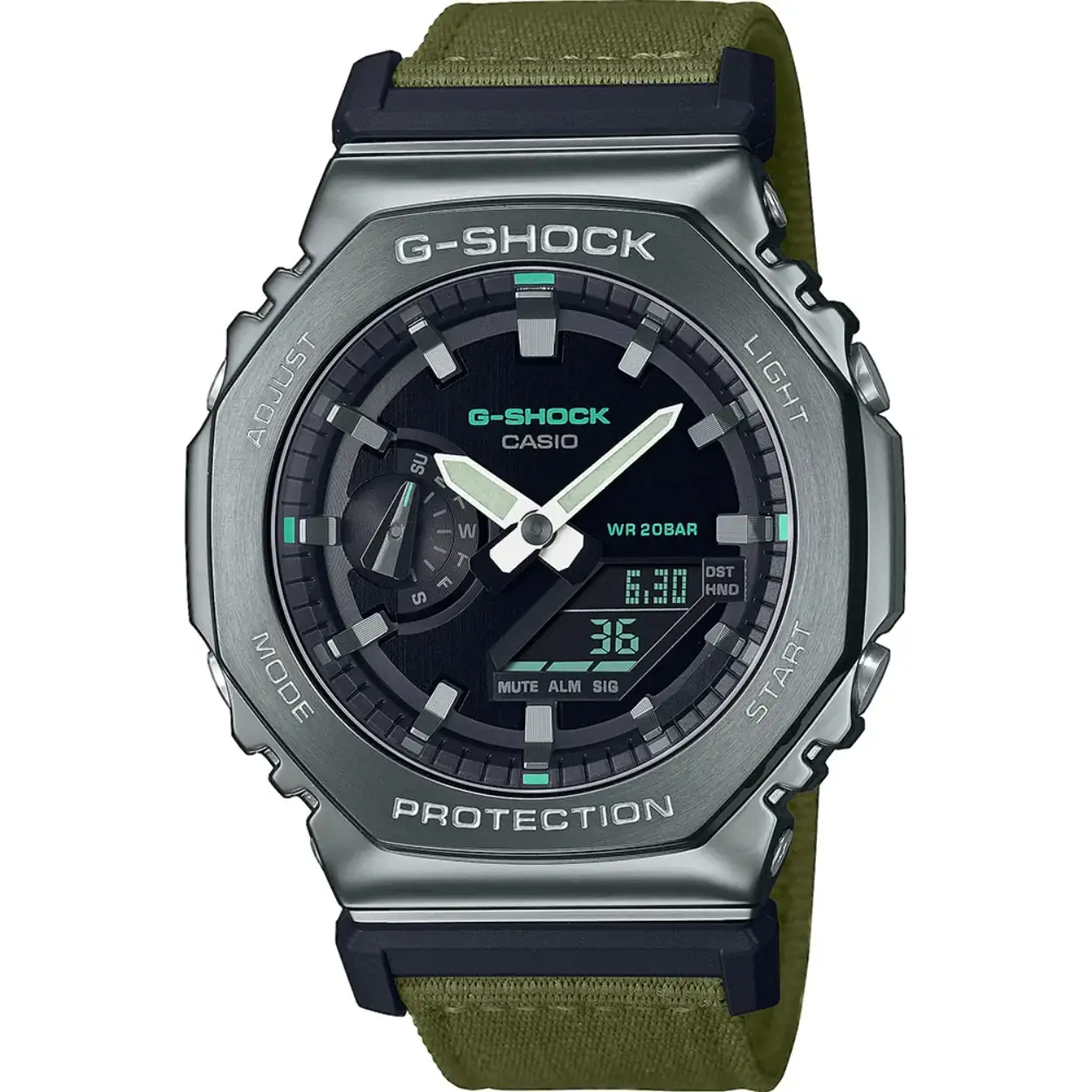 Dit G-Shock horloge heeft een kast gemaakt van Met roestvrijstaal bedekt kunststof met een diameter van 44.4 mm en is voorzien van een textiel band. In de kast bevindt zich een Casio kwaliteitsuurwerk en is afgewerkt met Mineraalglas.