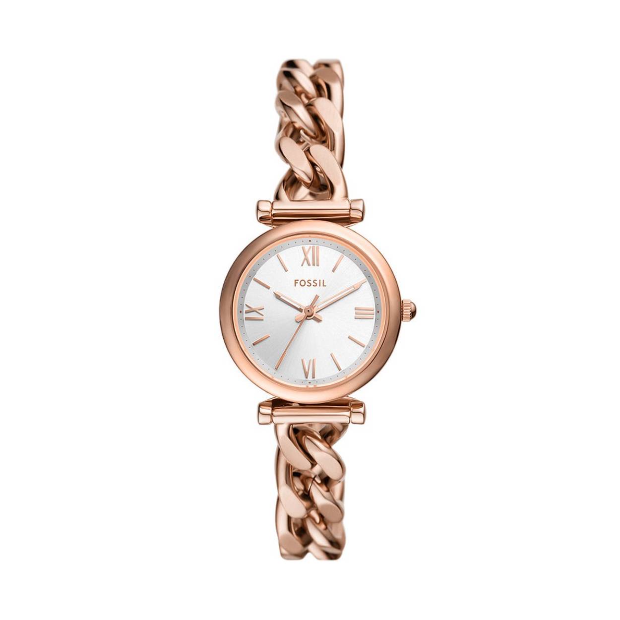 Onze Carlie collectie, die je overal kunt dragen, combineert een casual stijl met een vleugje verfijning. Dit horloge heeft een T-bar met jaren 90 inspiratie en prachtig nieuw armbandontwerp. Het is voorzien van een ronde, rosÃ©goudkleurige roestvrijstalen kast van 28 mm en een zilveren sunray-wijzerplaat met lichtgevende wijzers en Romeinse cijfers en streepjes als uuraanduiding.