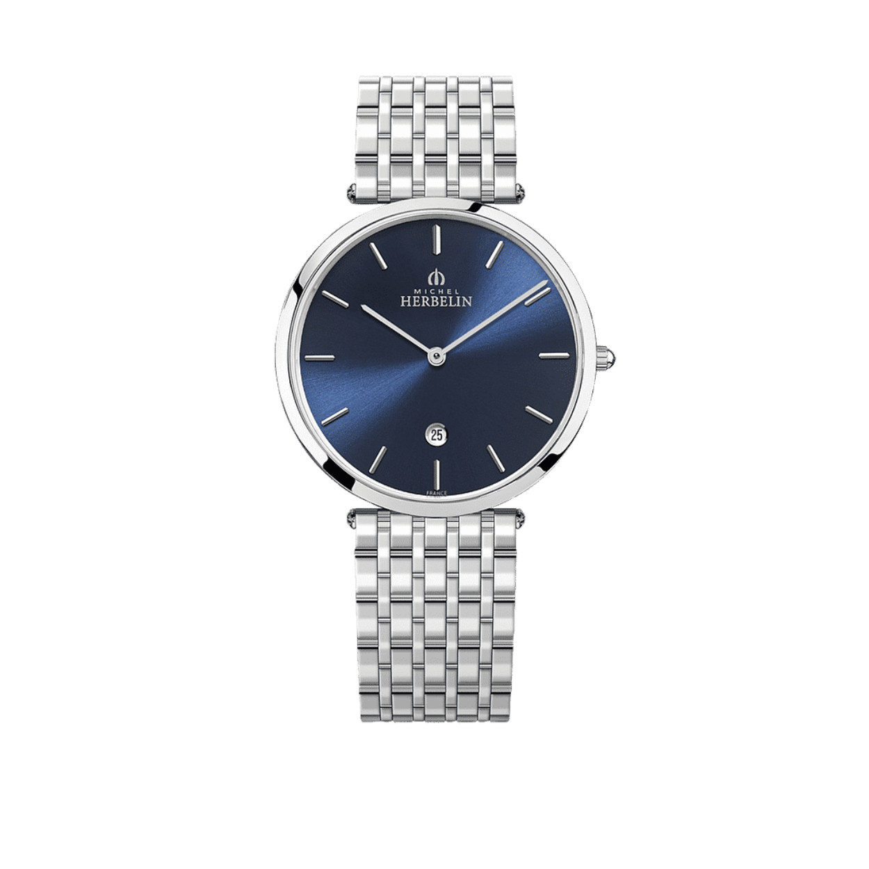 Michel Herbelin herenuurwerk uit de 'Epsilon' collectie
Zilverkleurige stalen band en kast
Ultradunne donkerblauwe wijzerplaat (4mm) met datumaanduiding en zilverkleurige uuraanduiding.
Saffierglas
Waterdichtheid: 3 ATM