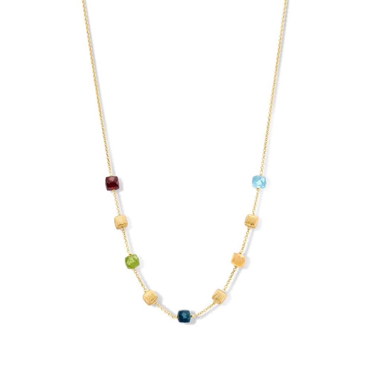 Geelgouden collier met diverse edelstenen (granaat, peridot,topaas, london blue topaas, citrien) en matte geelgouden blokjes.
