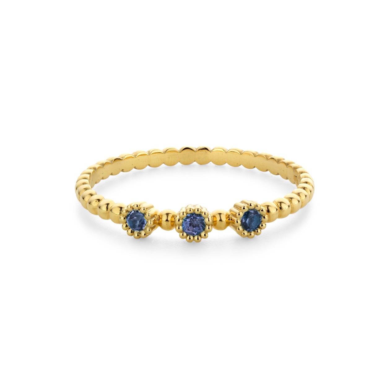 14 kt gouden ring met blauwe Saffier van het merk Miss Spring
Maat: 54 (ook verkrijgbaar in andere maten)
Bijhorende oorstekers en collier ook verkrijgbaar