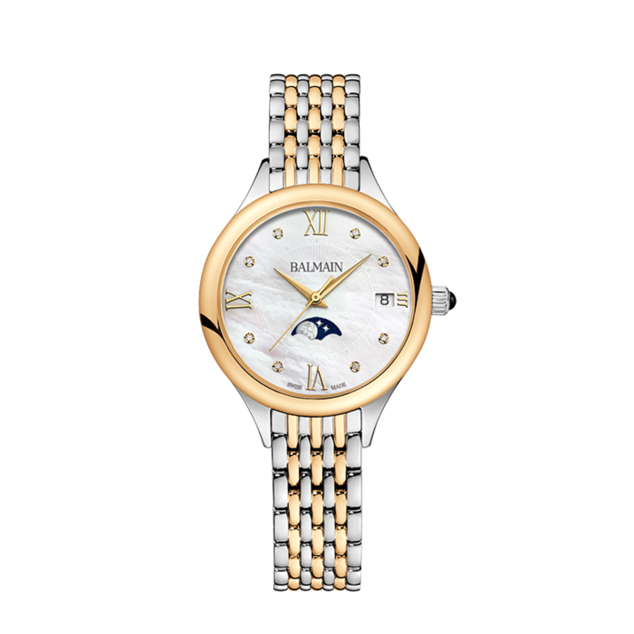 B4912.39.85 Balmain de Balmain Moonphase

Dit is een elegant dameshorloge dat stralende elegantie combineert met een modern design geïnspireerd op de kunstzinnigheid van de Parijse haute couture. De witte parelmoer, maanfase, wijzerplaat bezet met 8 Top Wesselton VS-SI diamanten, voor een totaal van 0,030 karaat wijzerplaat en klassieke Romeinse cijfers voegen een zachte, elegante touch toe, terwijl de 31 mm tweekleurige roestvrijstalen en geelgouden PVD-kast, met een verfijnde dikte van 7,65 mm en tweekleurige roestvrijstalen en geelgouden PVD-band, dagelijkse verfijning biedt. Dit uurwerk is Swiss Made en heeft een saffierkristalglas.