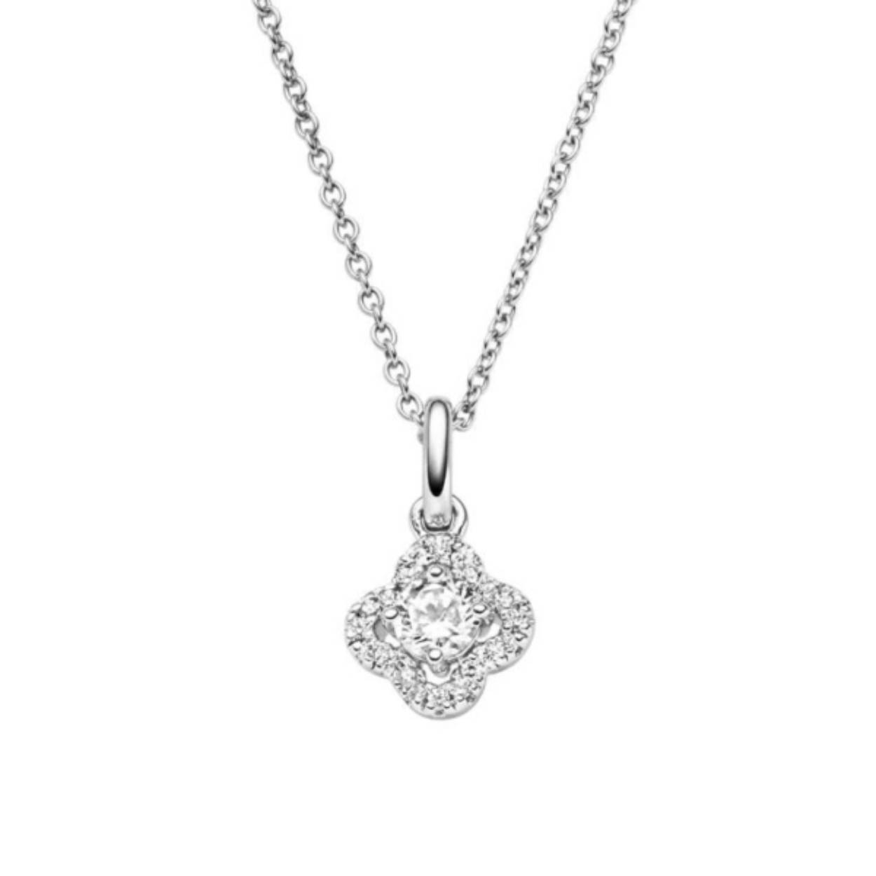 Zilveren collier van het merk Viventy met een subtiele klaverhanger met zirkonia.

Bijpassende oorsieraden leverbaar.