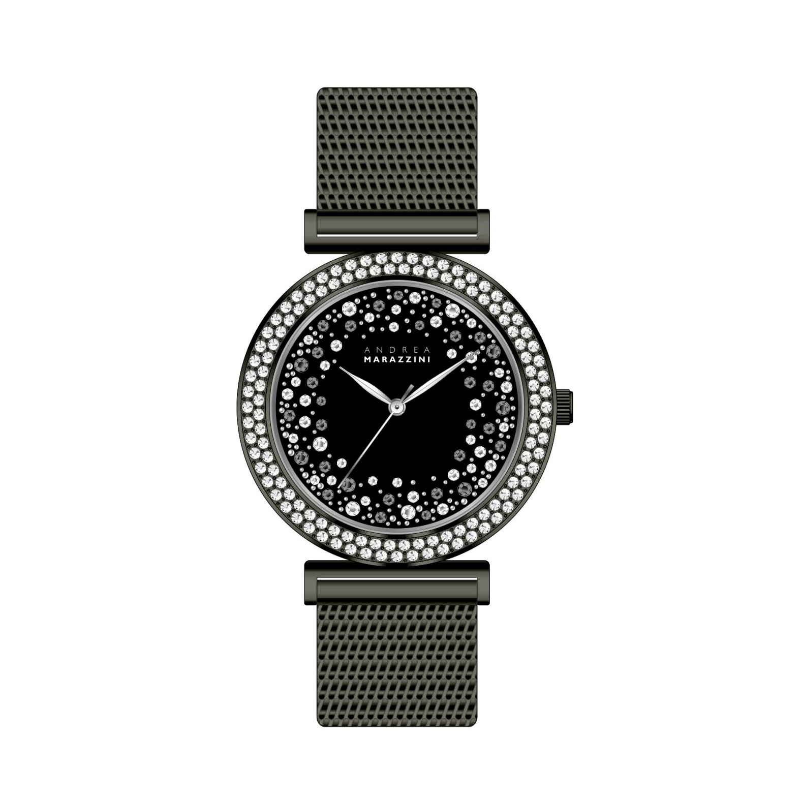 Black Dial - Andrea Marazzini Watch van de Shine Collection.

Glanzende Stainless Steel band met zwarte en witte stenen in het uurwerk.

5 ATM water resistant.