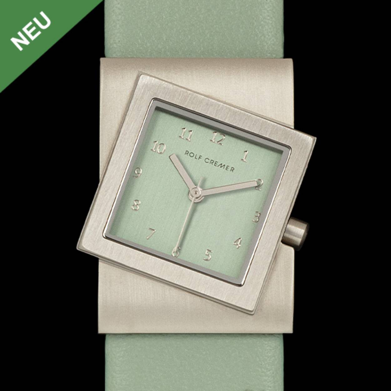 Rolf Cremer horloge Turn in edelstaal met een mintgroene wijzerplaat en leder band