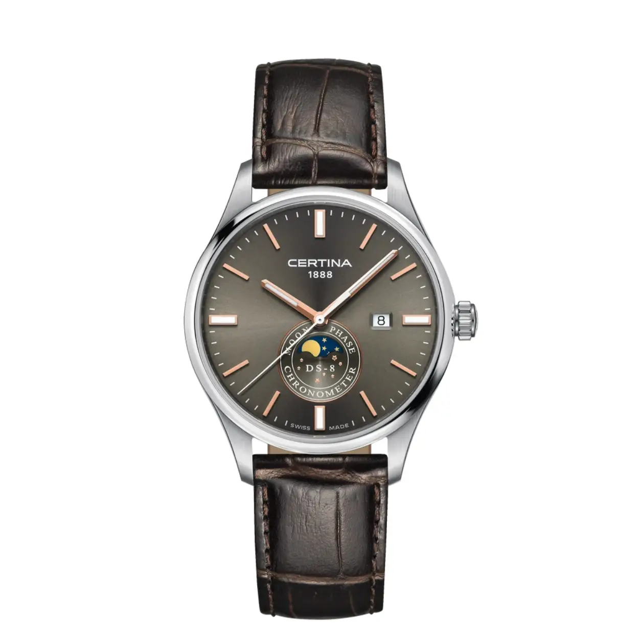 Certina DS 8 Moonphase COSC 

Artikelnummer C0334571608100

Collectie - CertinaDS 8 Moonphase, Herenhorloges

Tijdsweergave Analoog

Uurwerk Quartz

Tijdfuncties Datum, Maanfase

Kastvorm Rond

Kastmateriaa lStaal

Kastkleur Metaal Wit

Wijzerplaat Antraciet

Glas Saffierglas

Waterdichtheid100m

Horlogeband Leder

Bandkleur Bruin

Sluiting Vouwsluiting

Kasthoogte 41 mm

Kastbreedte 41 mm

Bandaanzet 20 mm