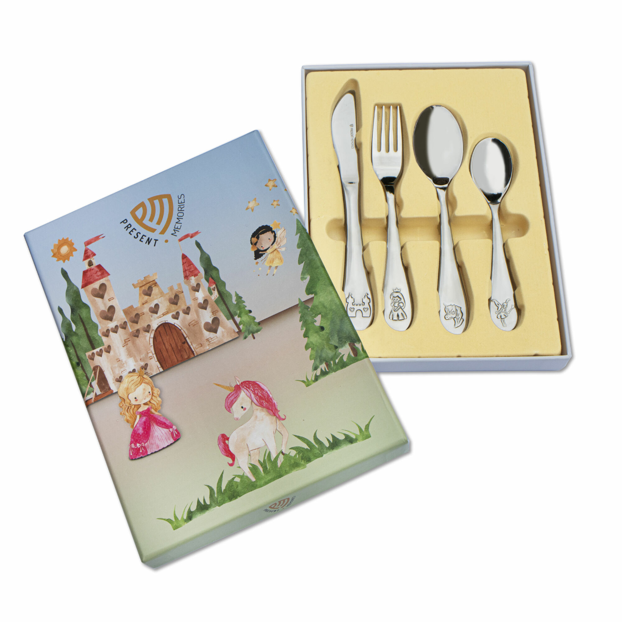 Stalen kinderbestek Kasteel/prinses/eenhoorn/fee