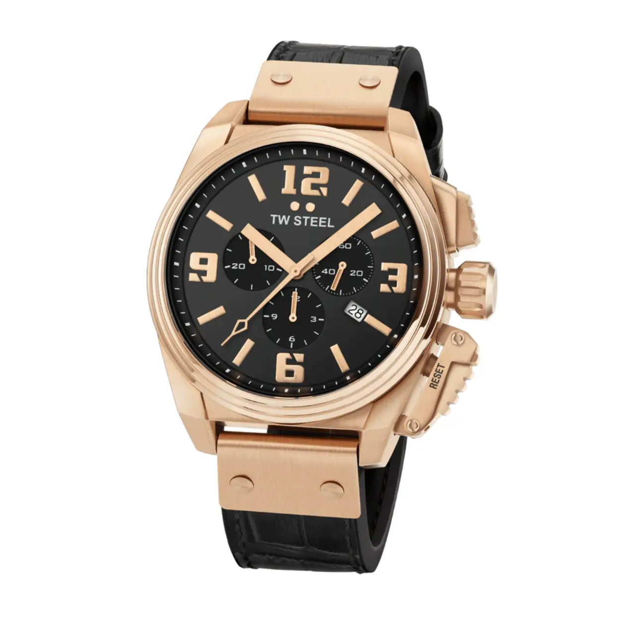 De iconische Canteen is terug! De meest populaire TW Steel collectie heeft een upgrade gekregen en is terug van nooit weggeweest.Heel herkenbaar is de TW1014 Canteen met zijn fraaie PVD rosegouden horlogekast en glanzende bezel. Dit horloge heeft een superieur Ronda 5030.D Swiss Chronograaf uurwerk dat behalve zeer accuraat ook enorm energiezuinig is.