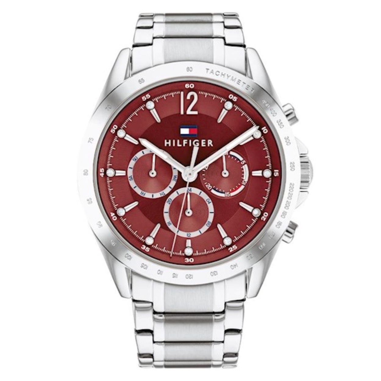 Het horloge heeft een elegante en sportieve uitstraling. Het horloge heeft een edelstalen band en kast, en een rode wijzerplaat met dag-, datum-, en 24-uurs aanduiding.