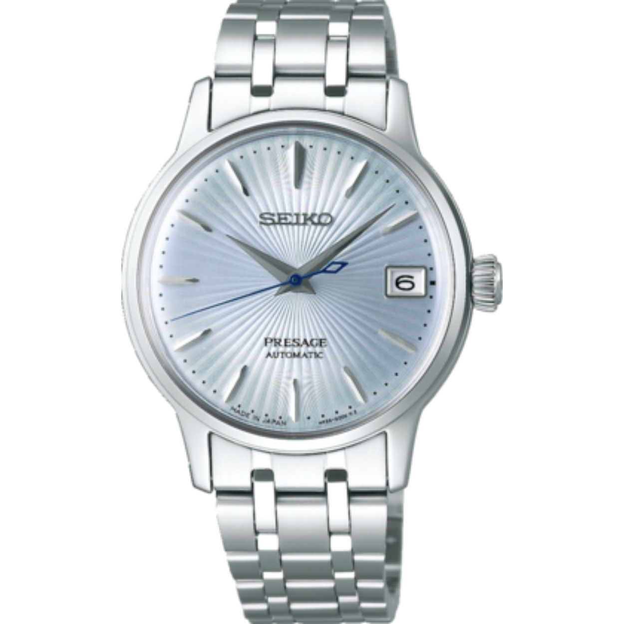Mechanisch damesuurwerk van Seiko uit de collectie 'Presage'
Zilverkleurige band en kast in edelstaal
Lichtblauwe 'sunray' wijzerplaat met datumaanduiding
Waterdichtheid: 5 ATM