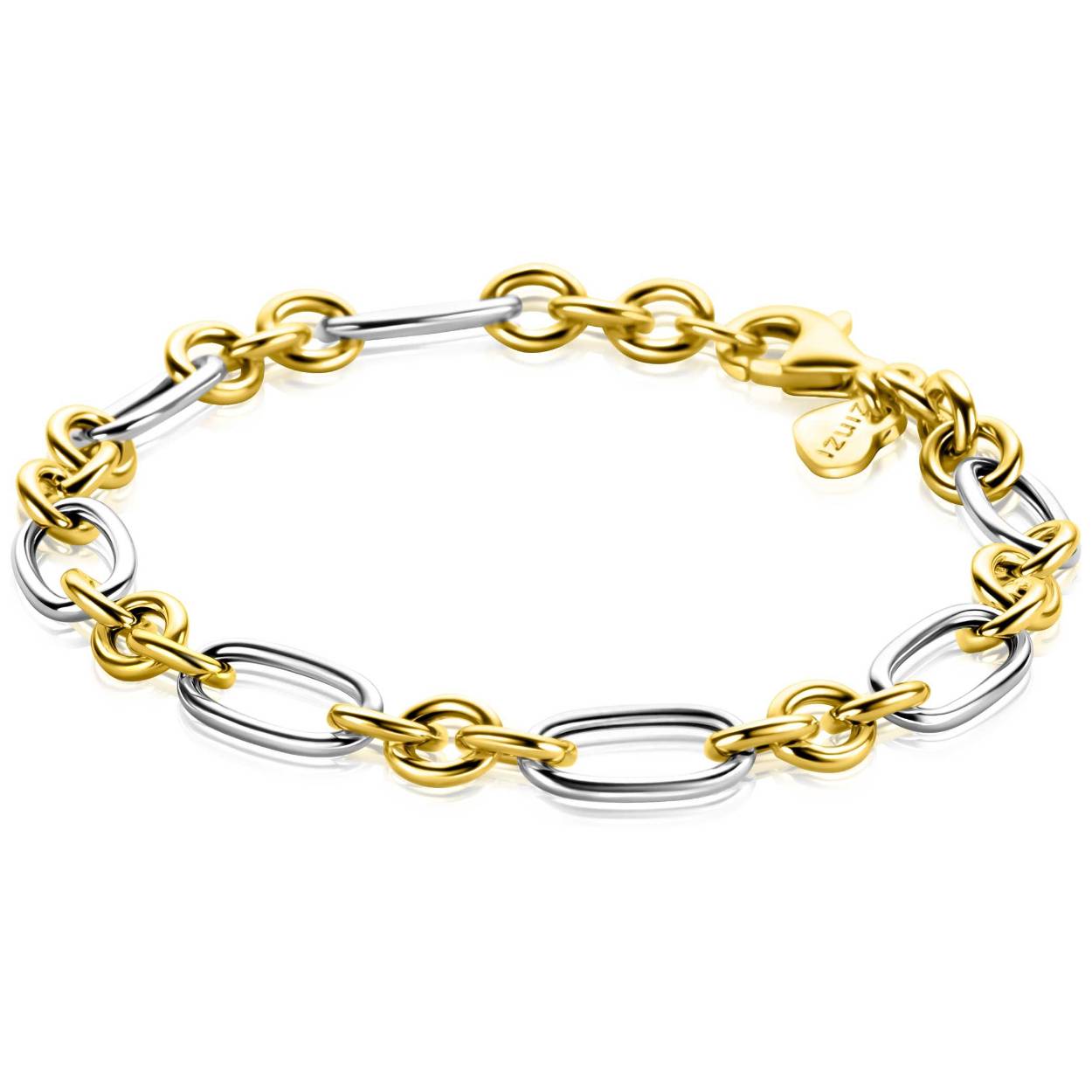 ZINZI bicolor schakelarmband met gold plated zilveren jasseron schakels en zilveren ovale schakels 7mm breed. Combineer de armband met de bijpassende ketting en maak gemakkelijk een chique look. De lengte van de armband is 19,5cm. De armband is vervaardigd van eerste gehalte zilver (925) en extra geel verguld.