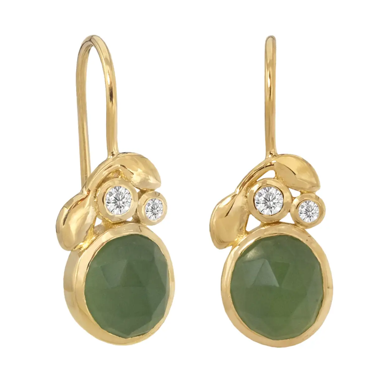 Rabinovich oorhangers nBliss (GP) Deze geel goud vergulde oorbellen bevatten elk een 8 x 7 mm roosgeslepen groene serpentijn, een 1,5 mm zirkonia en een 2 mm zirkonia.