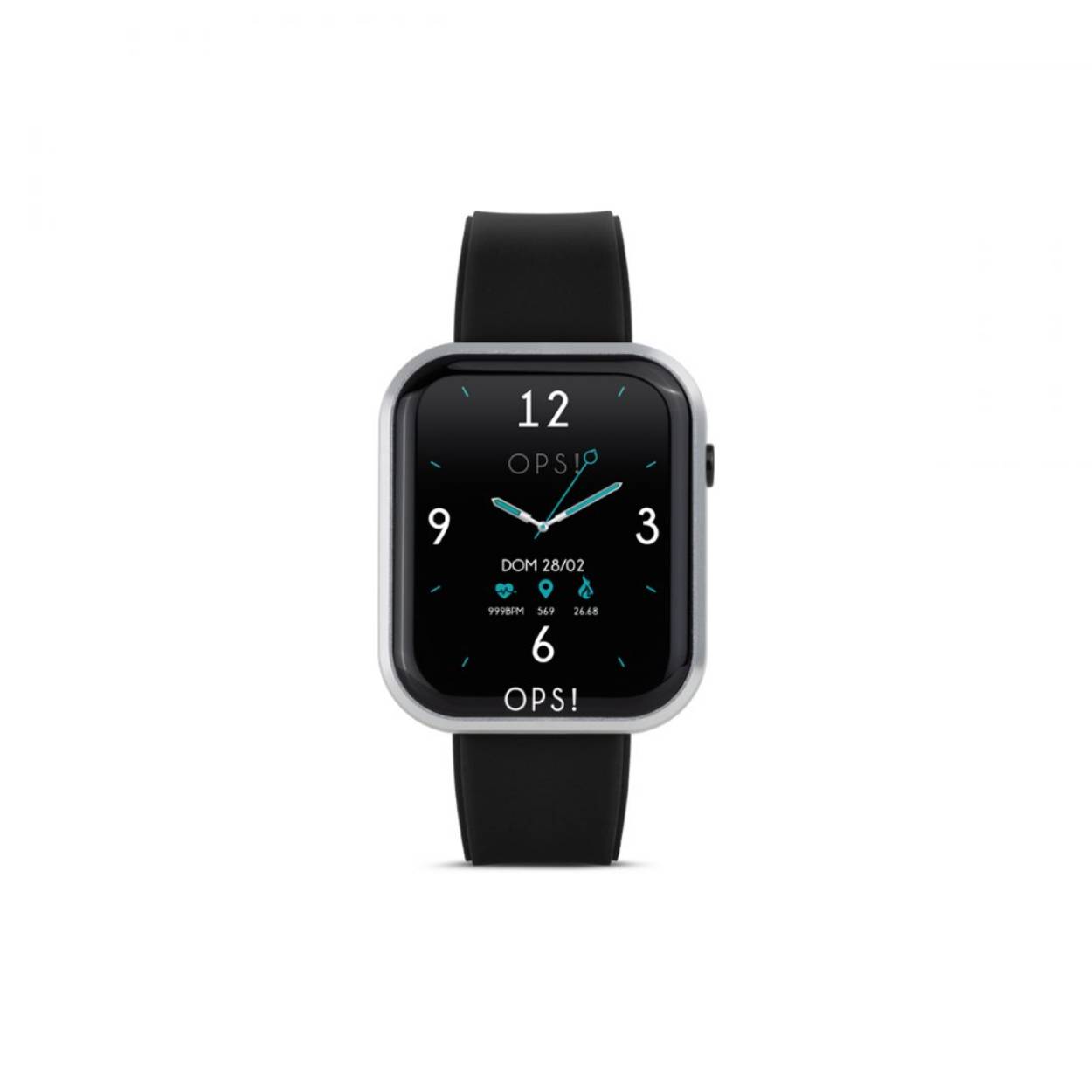 Smartwatch met aluminium en ABS kast en siliconen band. Kastafmetingen 44x37x13 mm met 1,83-inch full-touch kleurenscherm. Binnenomtrek band: 180 mm tot 140 mm. Stalen gespsluiting.

Functies:
oproepwaarschuwing en melding, stappenteller, polsdetectie, calorieën, afstand, stopwatch, freq. Hartslag, bloeddruk, oxygenatie, timer, slaapmonitor, wekker, sedentaire herinnering, sport, drankwaarschuwing, afstandsbediening voor muziek, weer, shot, smartphone zoeken, aanpasbare achtergrond.