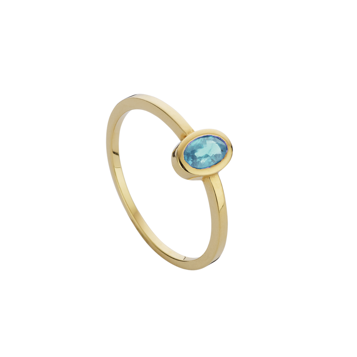 Geel gouden ring (14 karaat) met ovale topaas edelsteen (ook verkrijgbaar met andere edelstenen en in andere maten)
De blauwe topaas is de geboortesteen van de maand december. 
Hij staat voor liefde en loyaliteit, brengt duidelijkheid in moeilijke situaties  en zorgt voor zelfvertrouwen.
De energie van deze steen helpt je om je emoties te uiten.