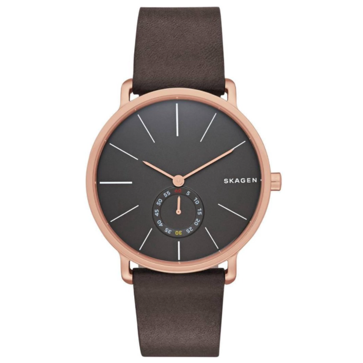 Dit horloge is een horloge van het merk Skagen. De kleur van de kast is rose goud en de kleur van de band grijs. De wijzerplaat is grijs van kleur. De kast van het horloge is gemaakt van edelstaal en de band is van leer. De tijdsaanduiding is analoog en als glas is gebruikgemaakt van mineraalglas. Het horloge heeft een diameter van 40 mm.