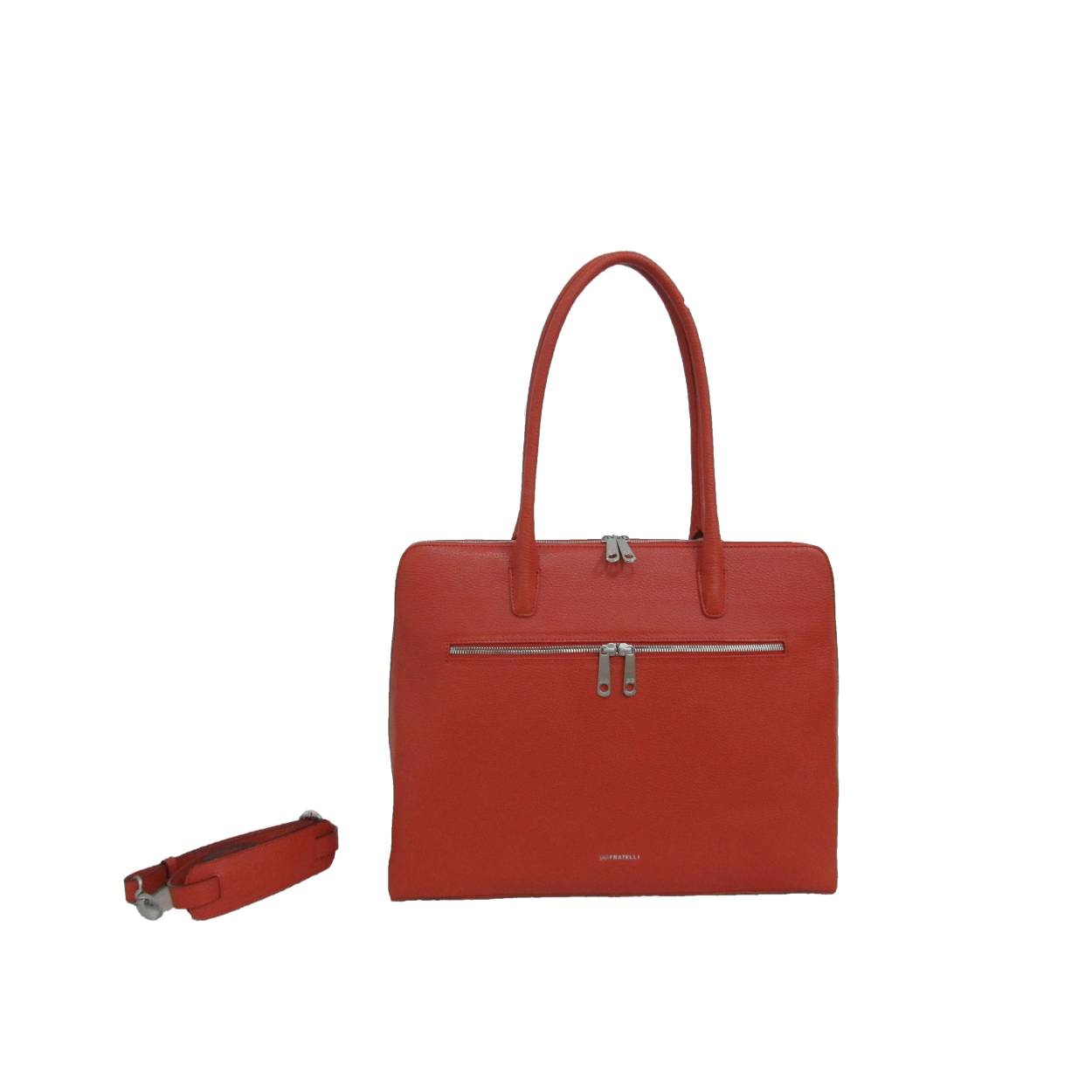 Fantastische functionele werktas. De draagriemen zijn lang genoeg om deze tas ook kort te dragen op uw schouder. Als u dit niet prettig vind zit er ook een afneembare lange schouderriem bij deze tas.  Zowel aan de voor-en achterzijde zit een rits vak.

Onder de toprits zit een mooie uitgewerkte vak verdeling.

Afmetingen:
Hoogte 33cm x breed 40cm x diep 12cm