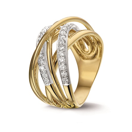 een 14 krt geelgouden crossover' ring met witgouden baantjes waarin diamant, 0.48crt