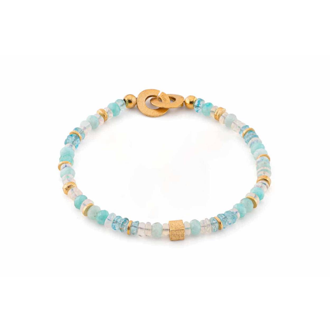 Armband, blauwe topaas, opaal en amazoniet met zilver verguld