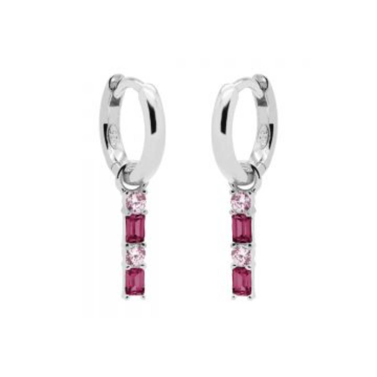 Hinged Hoops Double Zirconia Square Baguette RUBY Silver